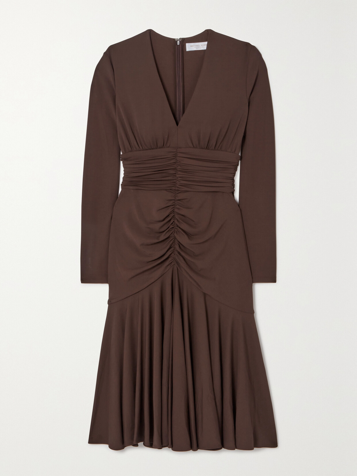 Ruched Stretch-jersey Midi Dress - Dark brown