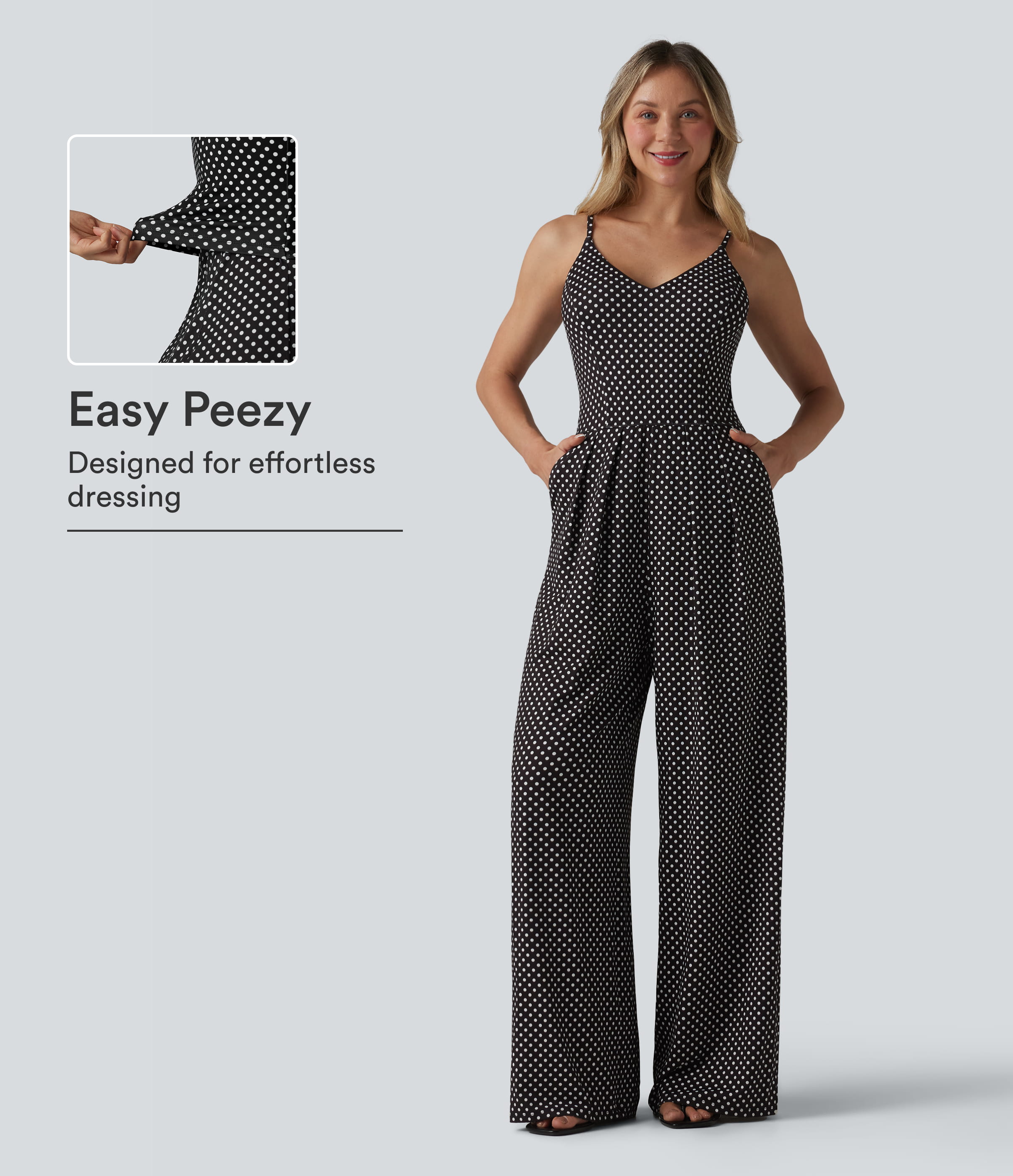 V Neck Polka Dot Slip Jumpsuit with Pockets-Easy Peezy Edition  - Midnight Dots