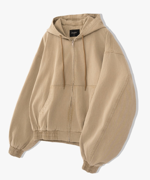 Light Beige Cropped Hooded Zip-Up Work Jacket