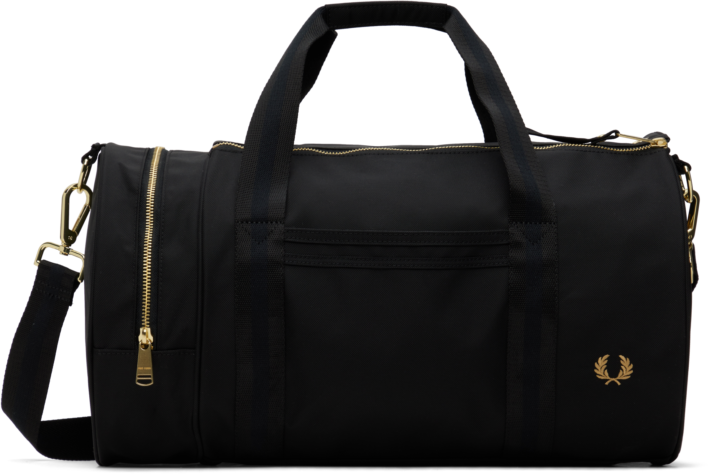 Black Textured Nylon Barrel Duffle Bag