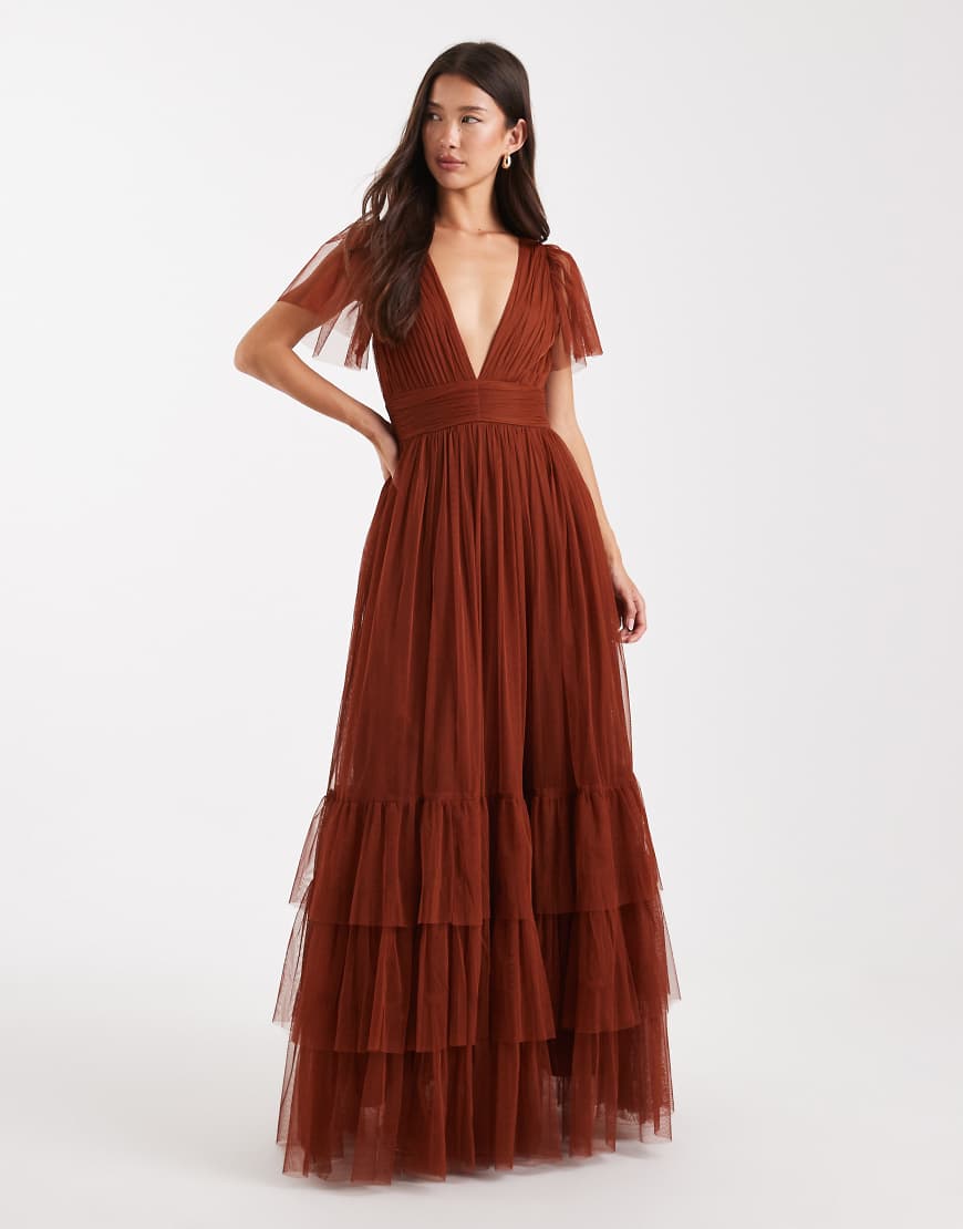 Bridesmaid Madison flutter sleeve maxi dress in rust-Brown