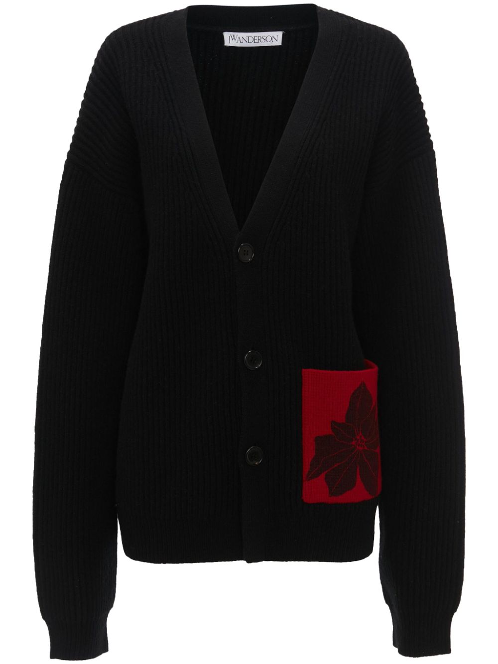 Flocked-flower patch-pocket cardigan - Black