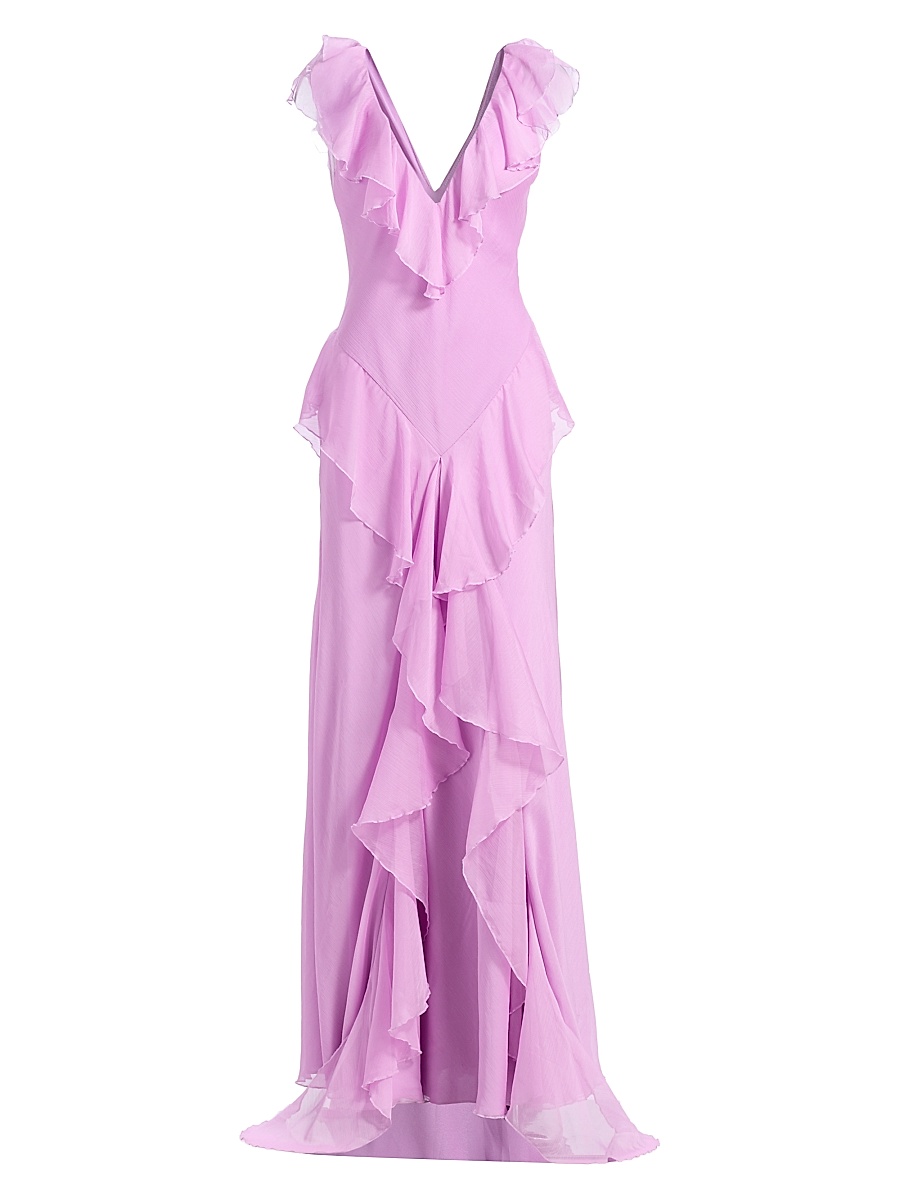 Women's Estella Ruffled Chiffon Bias-Cut Gown - Pink Dolphin