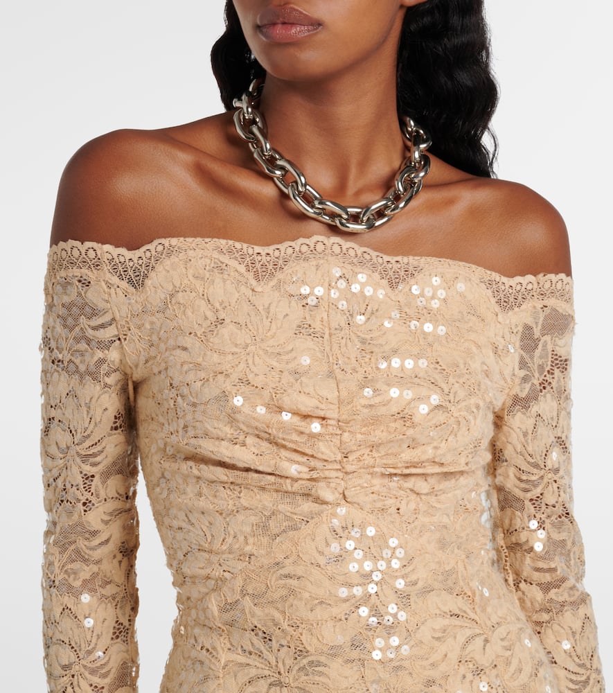 Sequined off-shoulder lace maxi dress