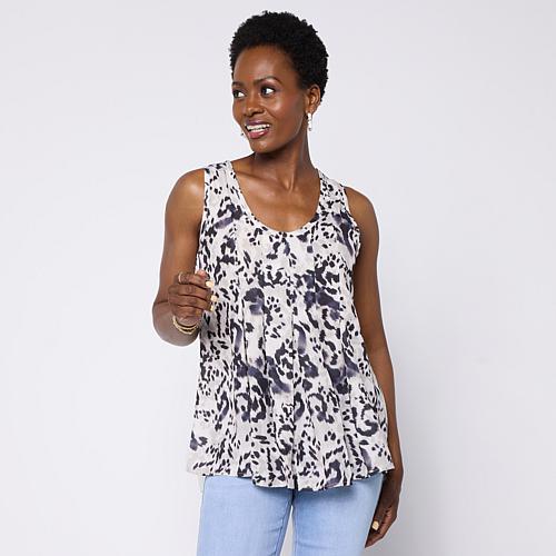Mixed Media Pleated Front High-Low Tank - Ink Spots