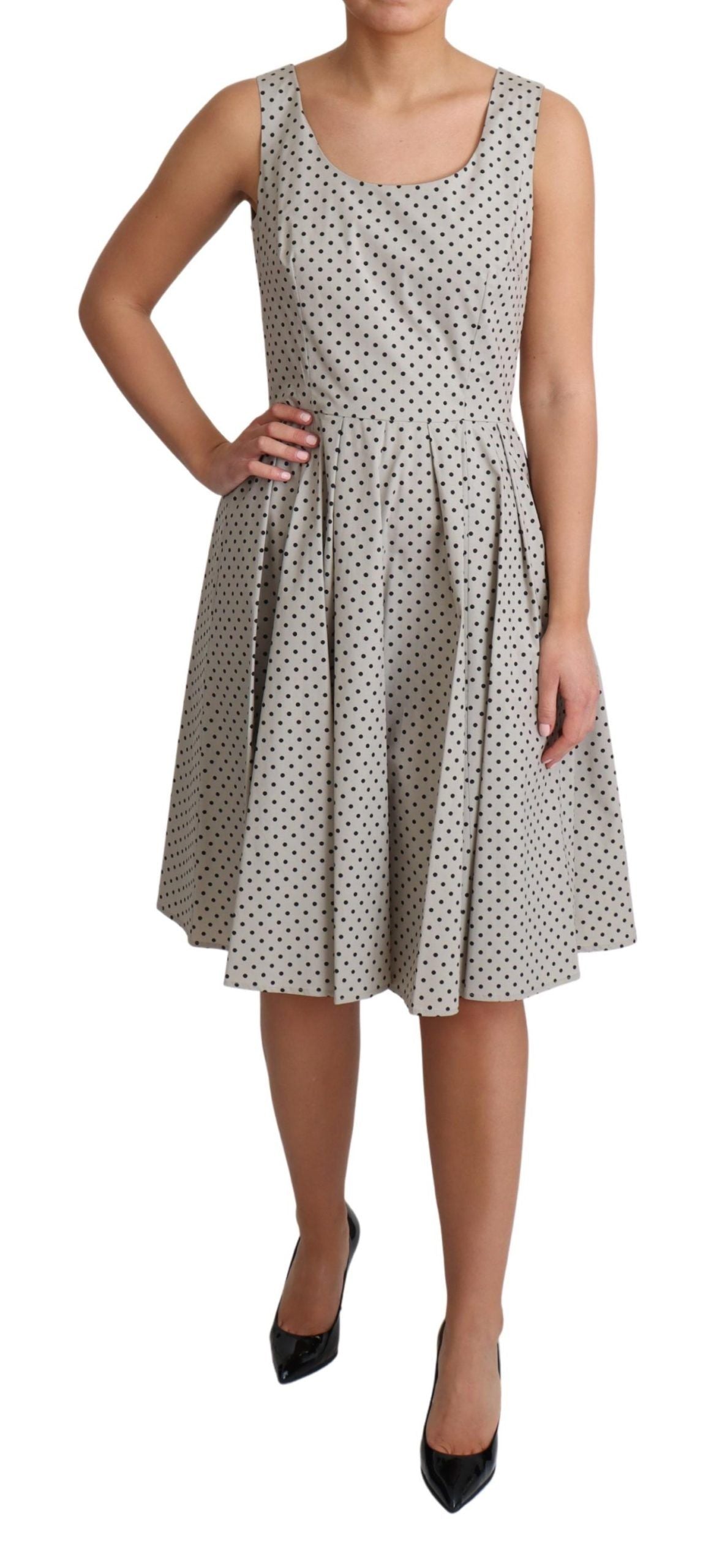 Polka-Dotted Cotton A-Line Dress — Beige