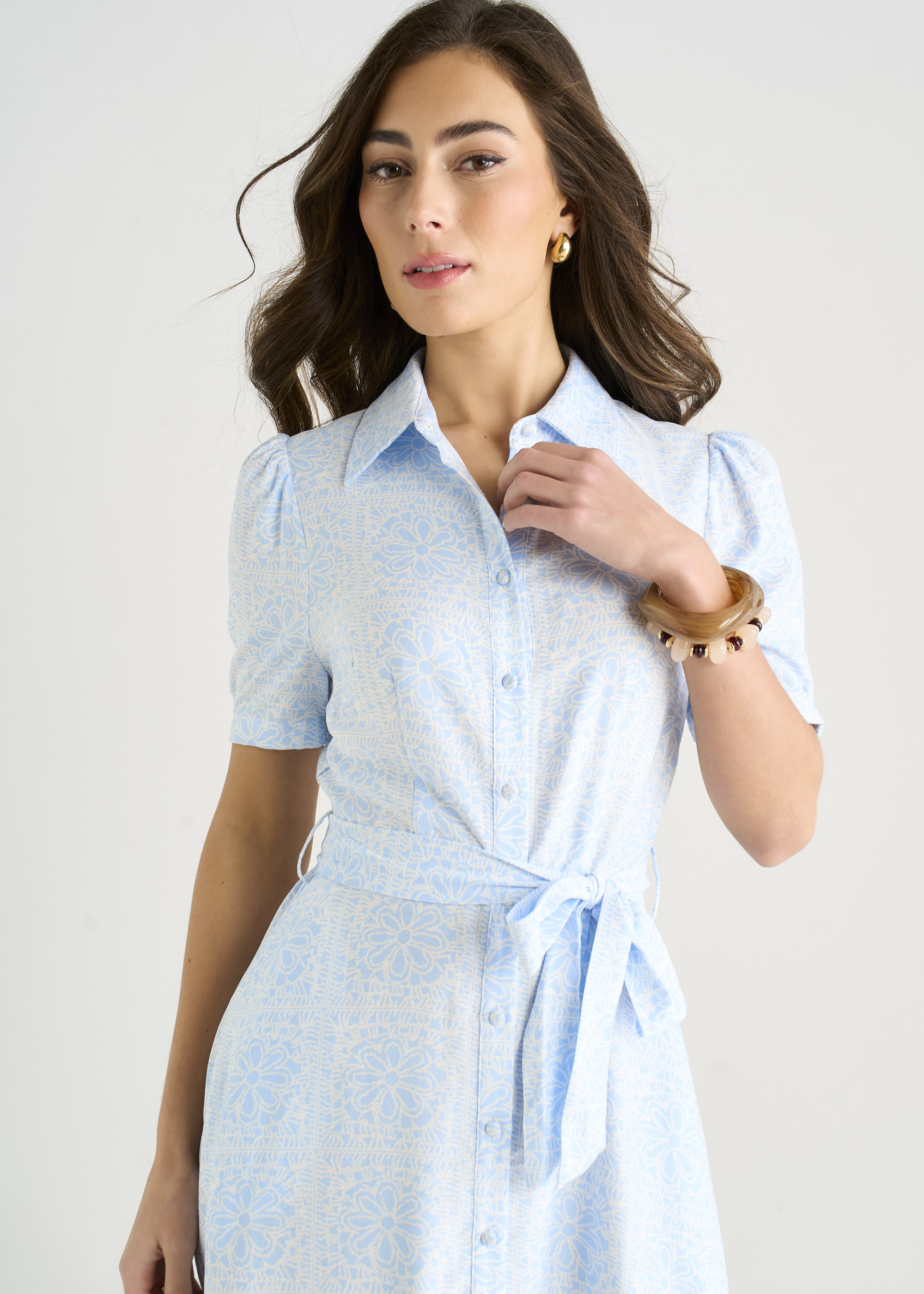 Gini London Womens Cotton Mix Blue Tile Print Button Through Maxi Shirt Dre