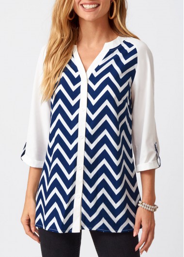 Modlily Split Neck Chevron Print Three Quarters Sleeve Blouse
