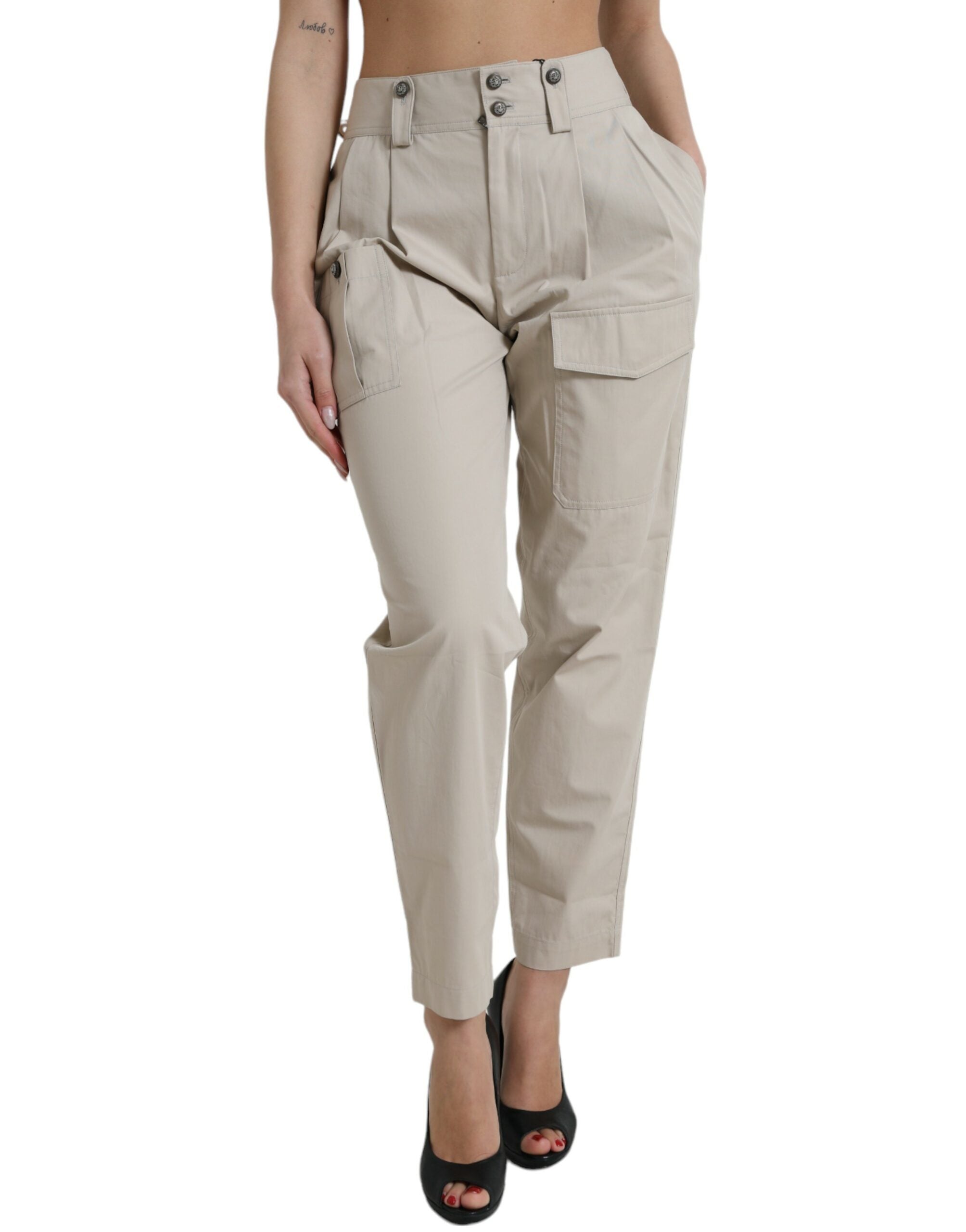 High-Waist Cotton Cargo Pants — Beige