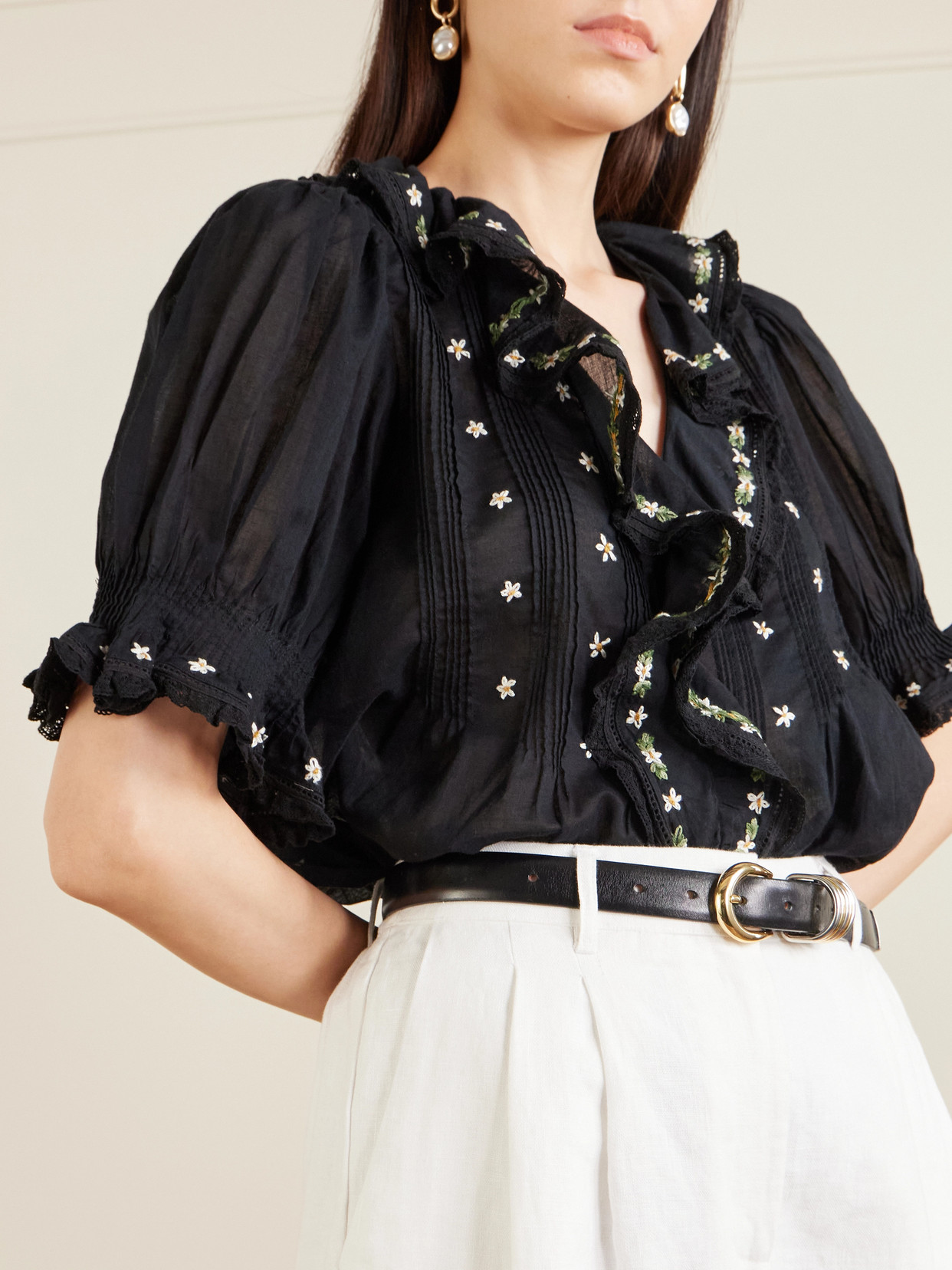 Hettie Lace-trimmed Embroidered Organic Cotton-voile Blouse - Black