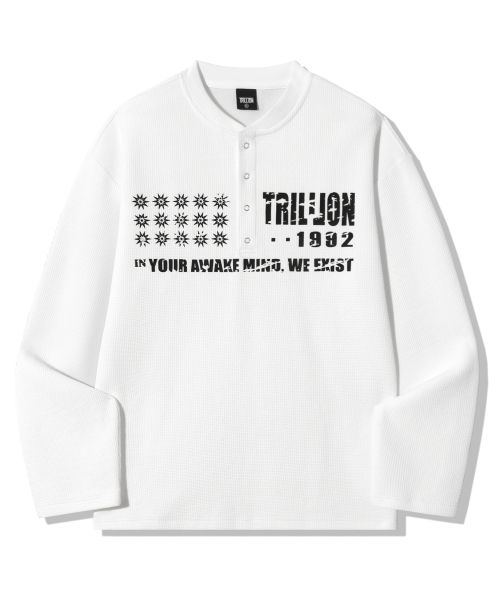 Graphic Waffle Henley Neck Long Sleeve_White