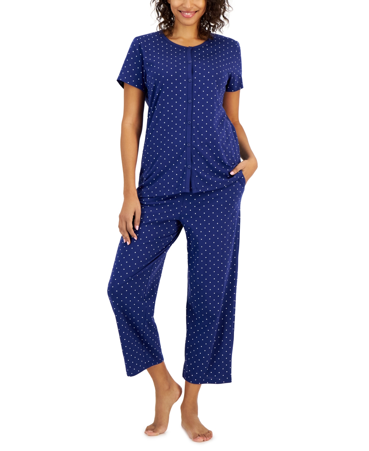 Women's 2-Pc. Cotton Printed Cropped Pajamas Set, Created for Macy's - Polka Dots