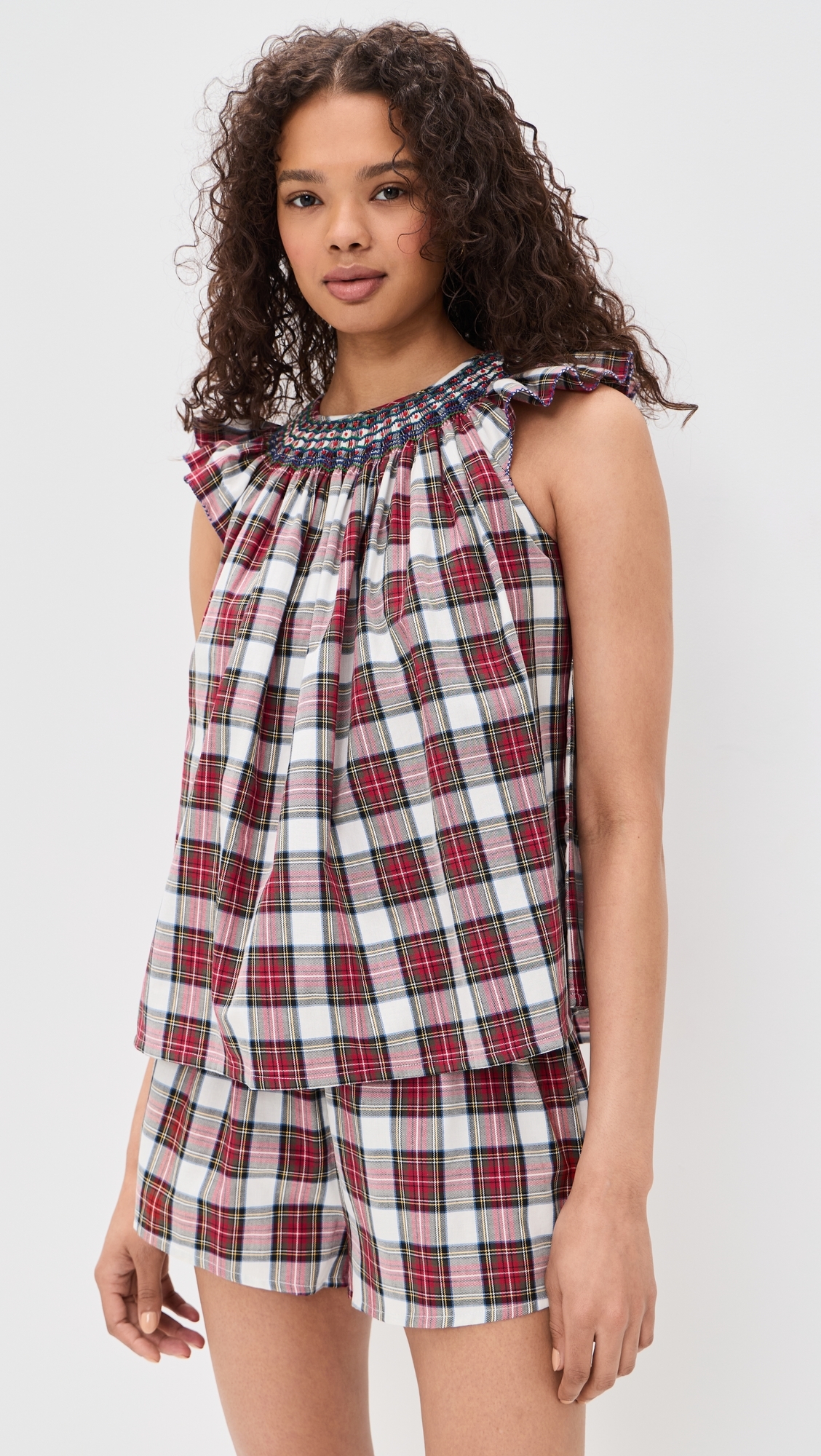 Smocked Short Pajama Set Cotton White Tartan