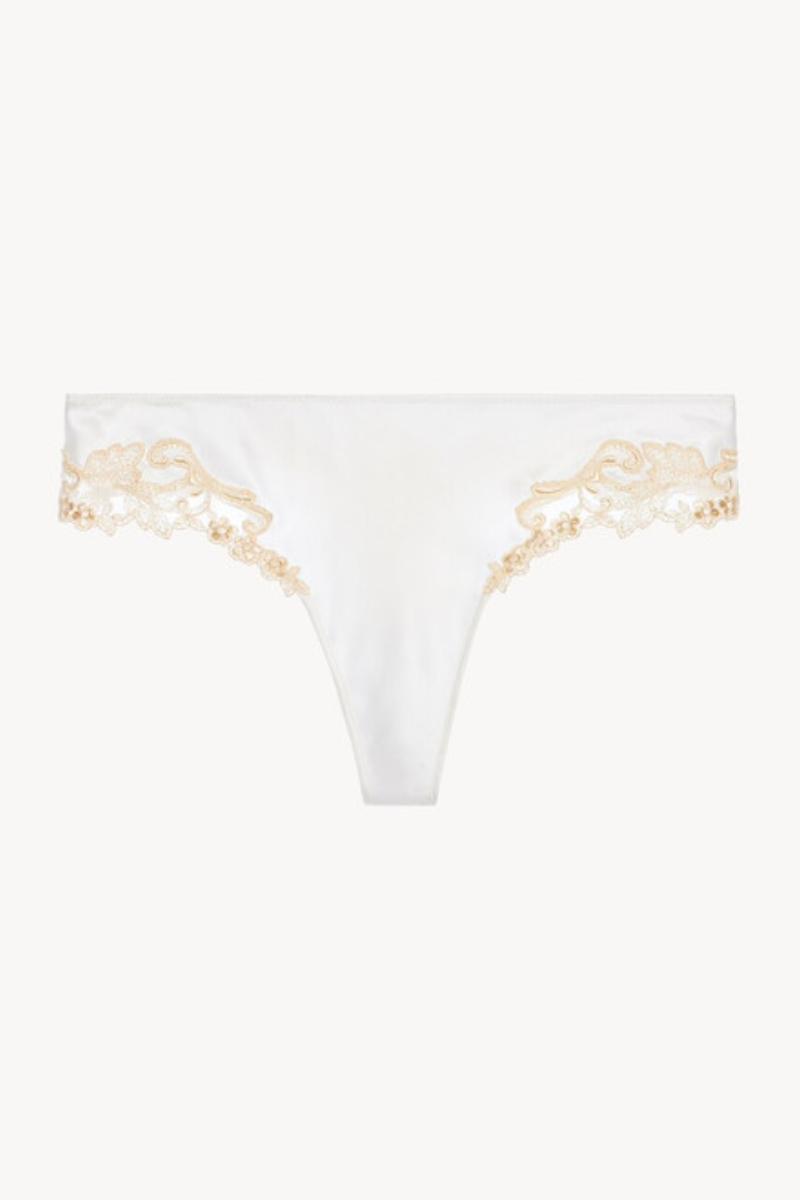 Embroidered Tulle-Trimmed Thong — White