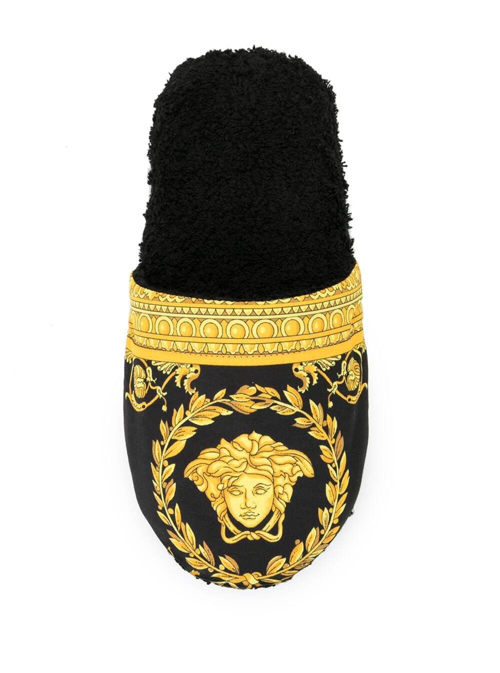Black House Slippers In Cotton And Terry With Gold Embroidered Logo On The Toe
