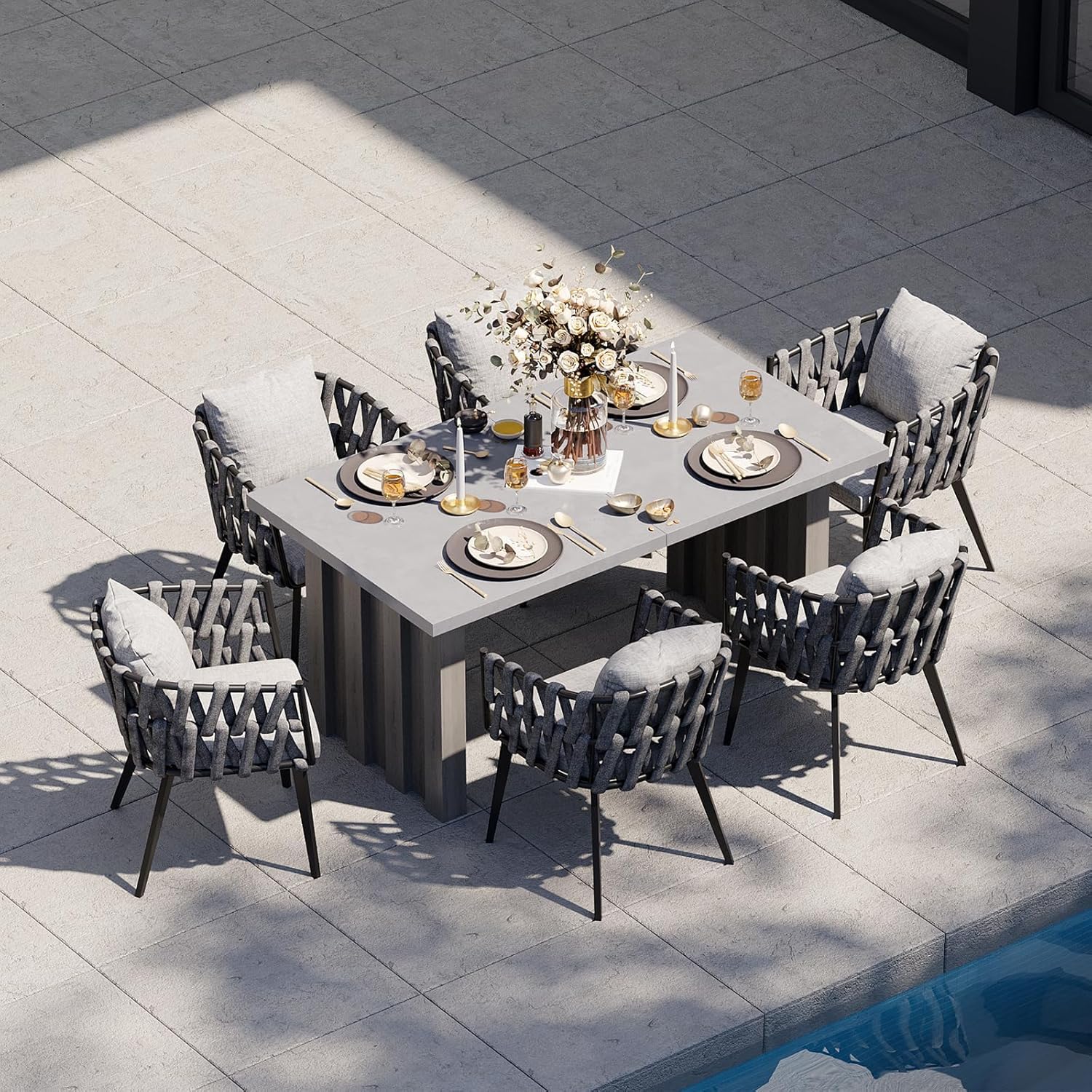Mesa y sillas de Jardín con 6 sillas de piedra, aluminio y ratán, con conjines impermerables resistente a la intemperie, conjunto comedor exterior re