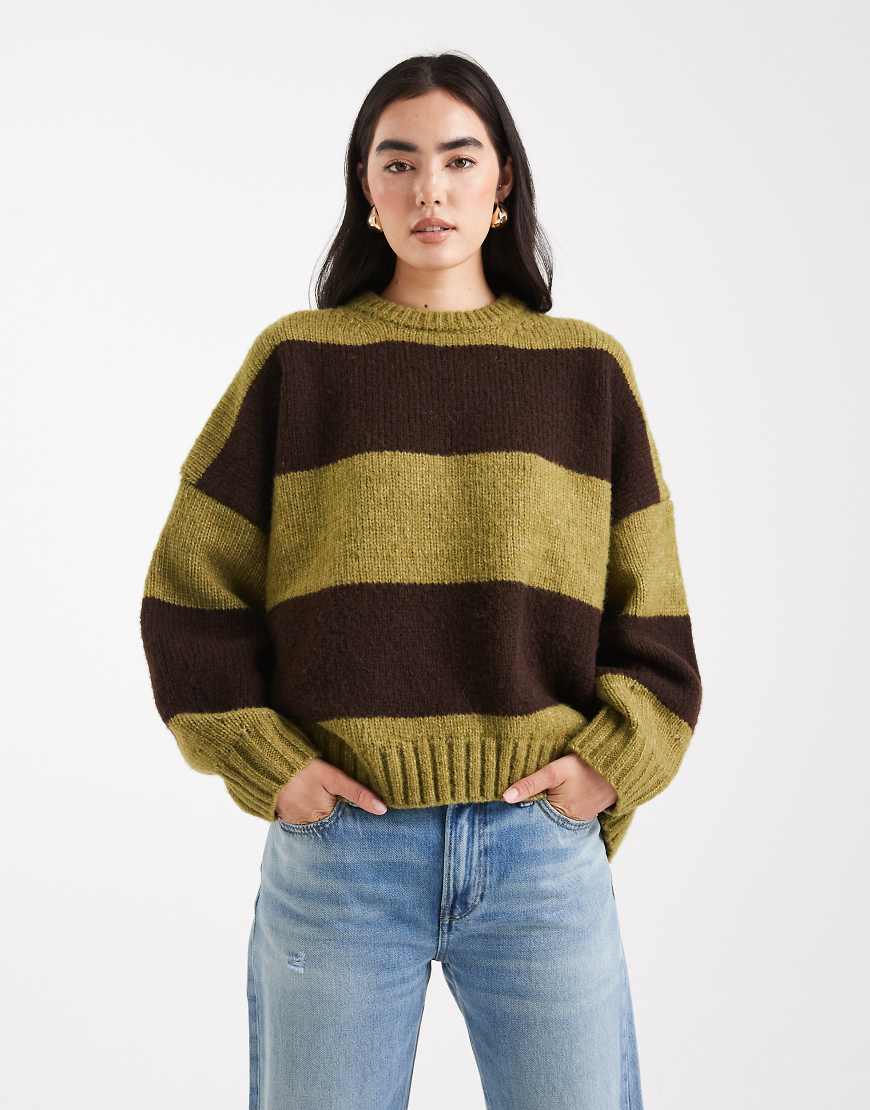 Oversized stripe crew neck sweater in olive and brown-Green