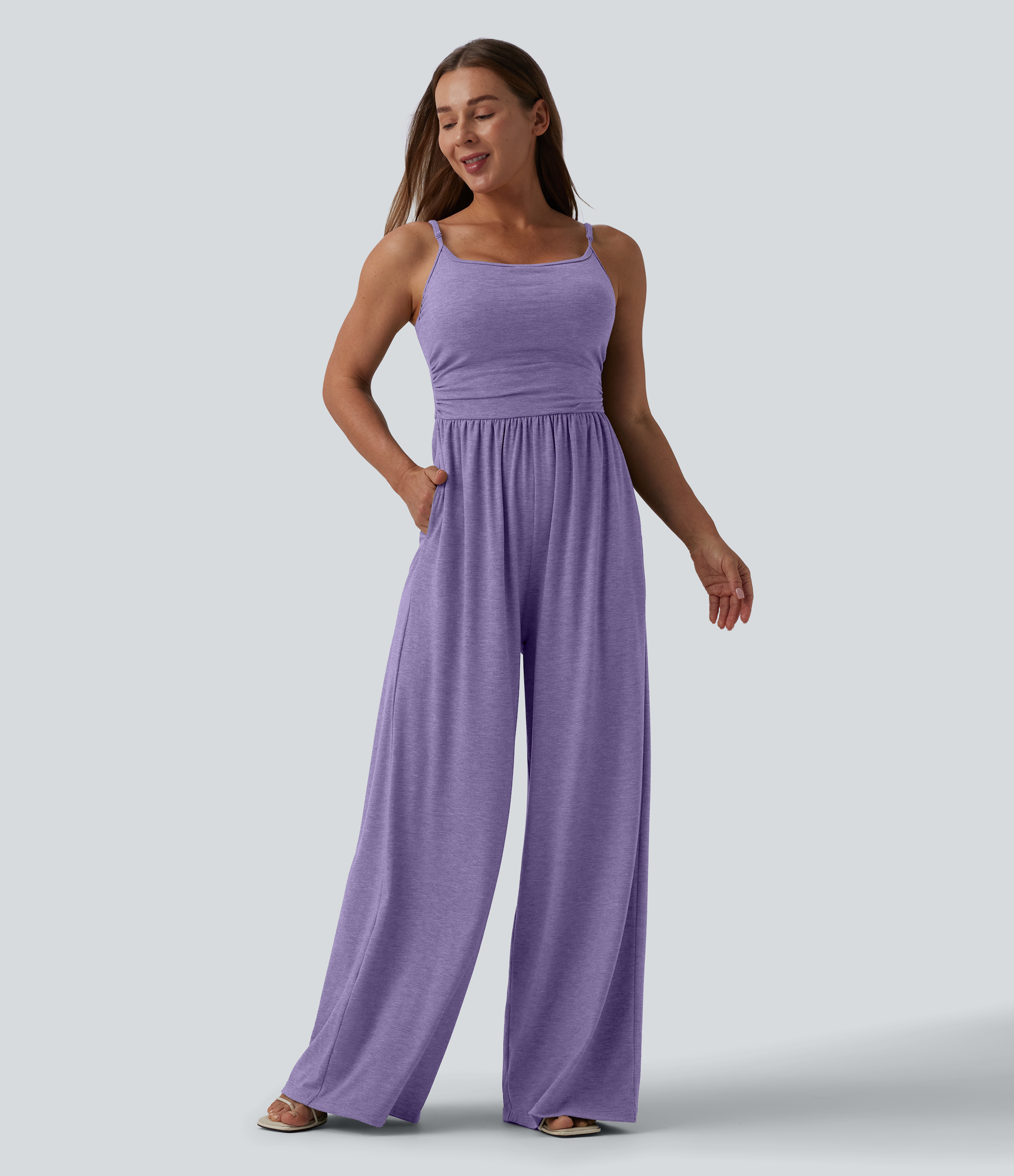 Adjustable Straps Ruched Wide Leg Heathered Casual Jumpsuit with Pockets-Easy Peezy  - Light Purple Floral Yarn