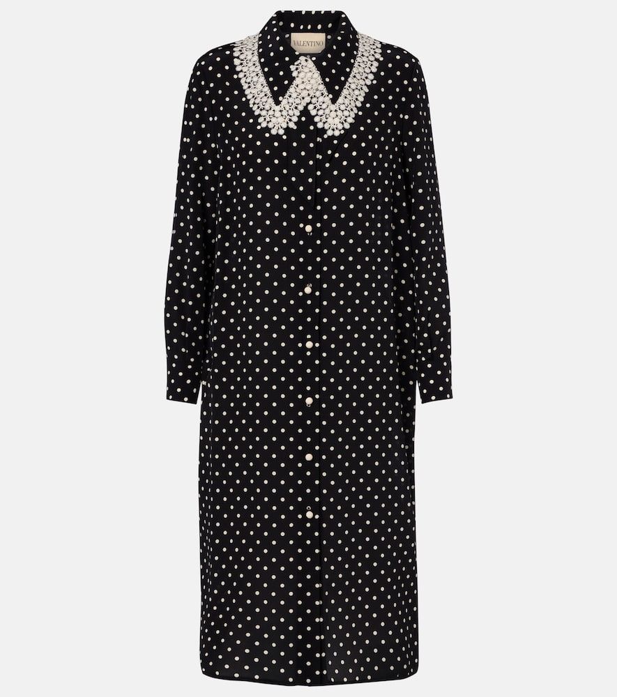 Polka-dot lace-trimmed silk shirt dress