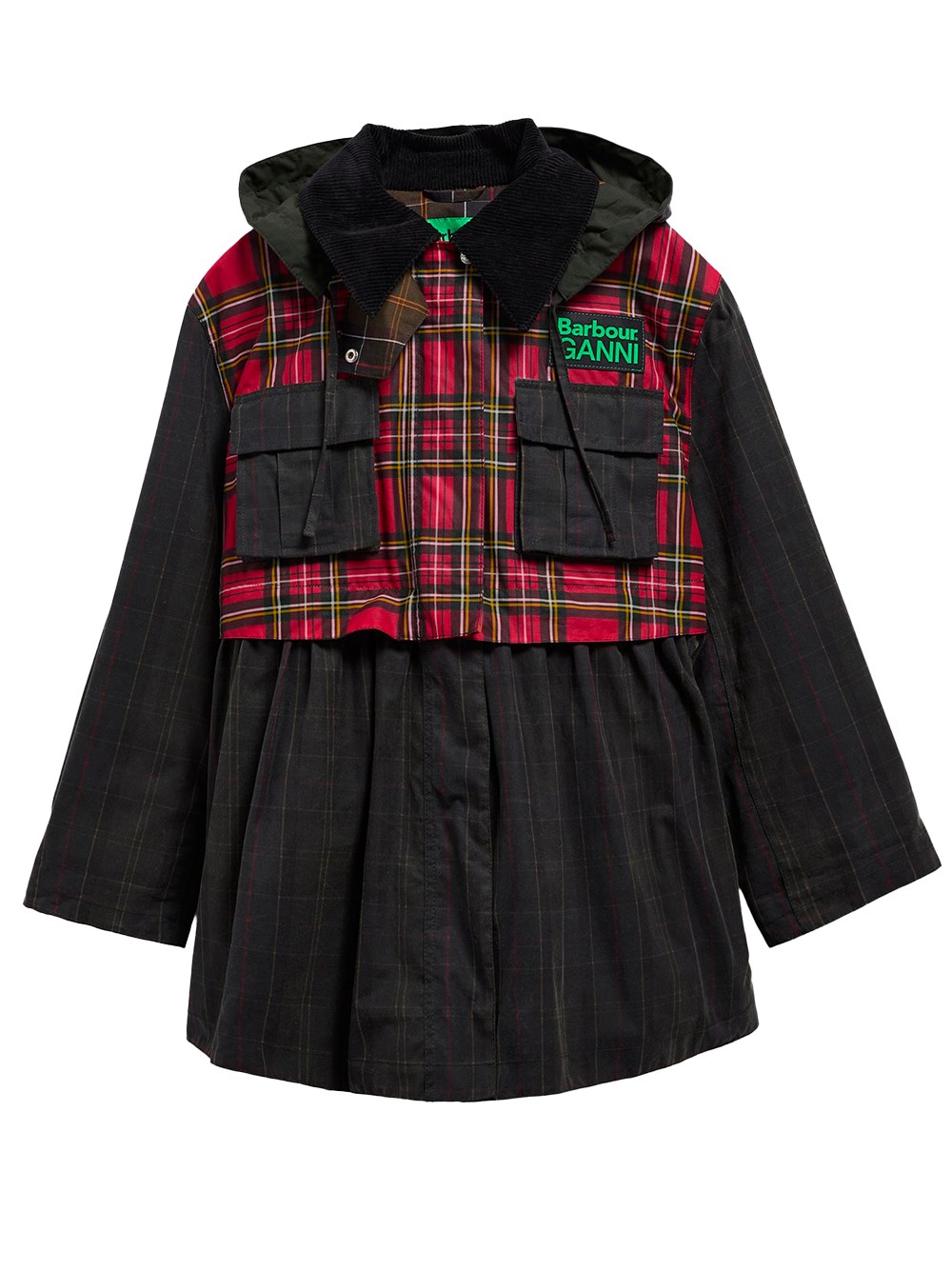 X Ganni: Waxed Jacket With Peplus And Tartan Details