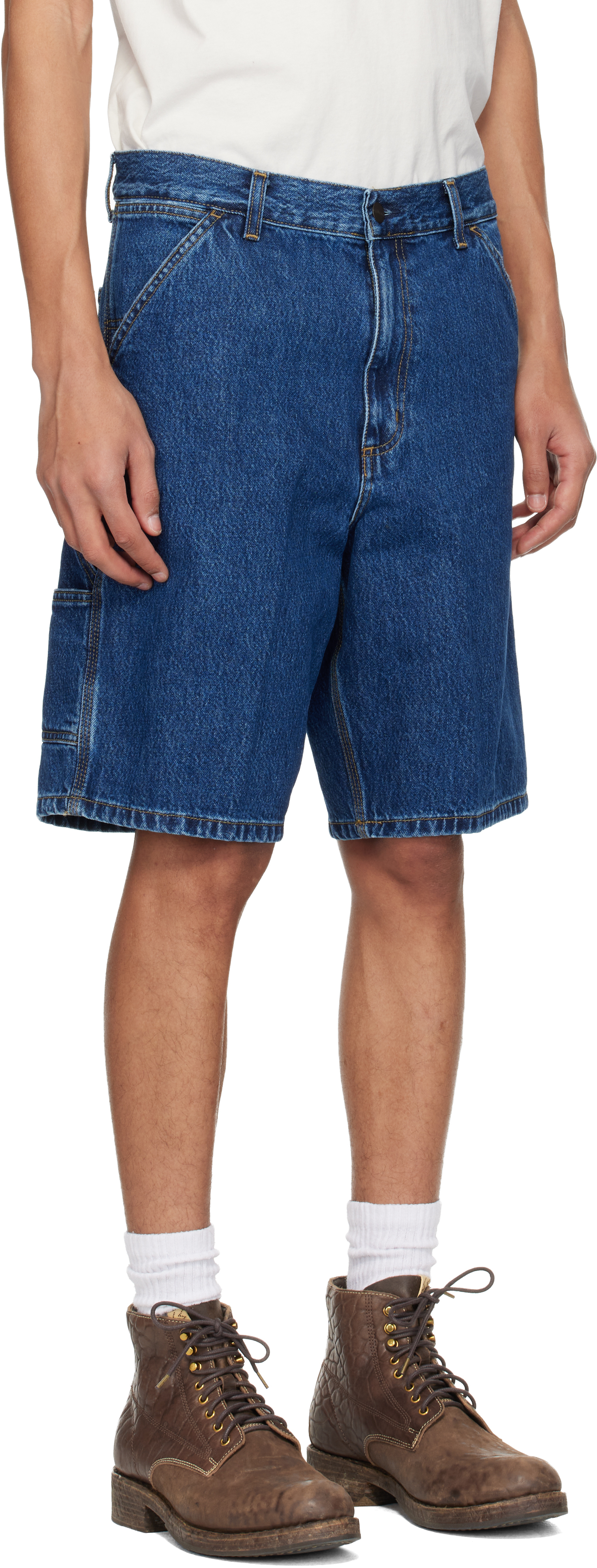 Blue Single Knee Denim Shorts