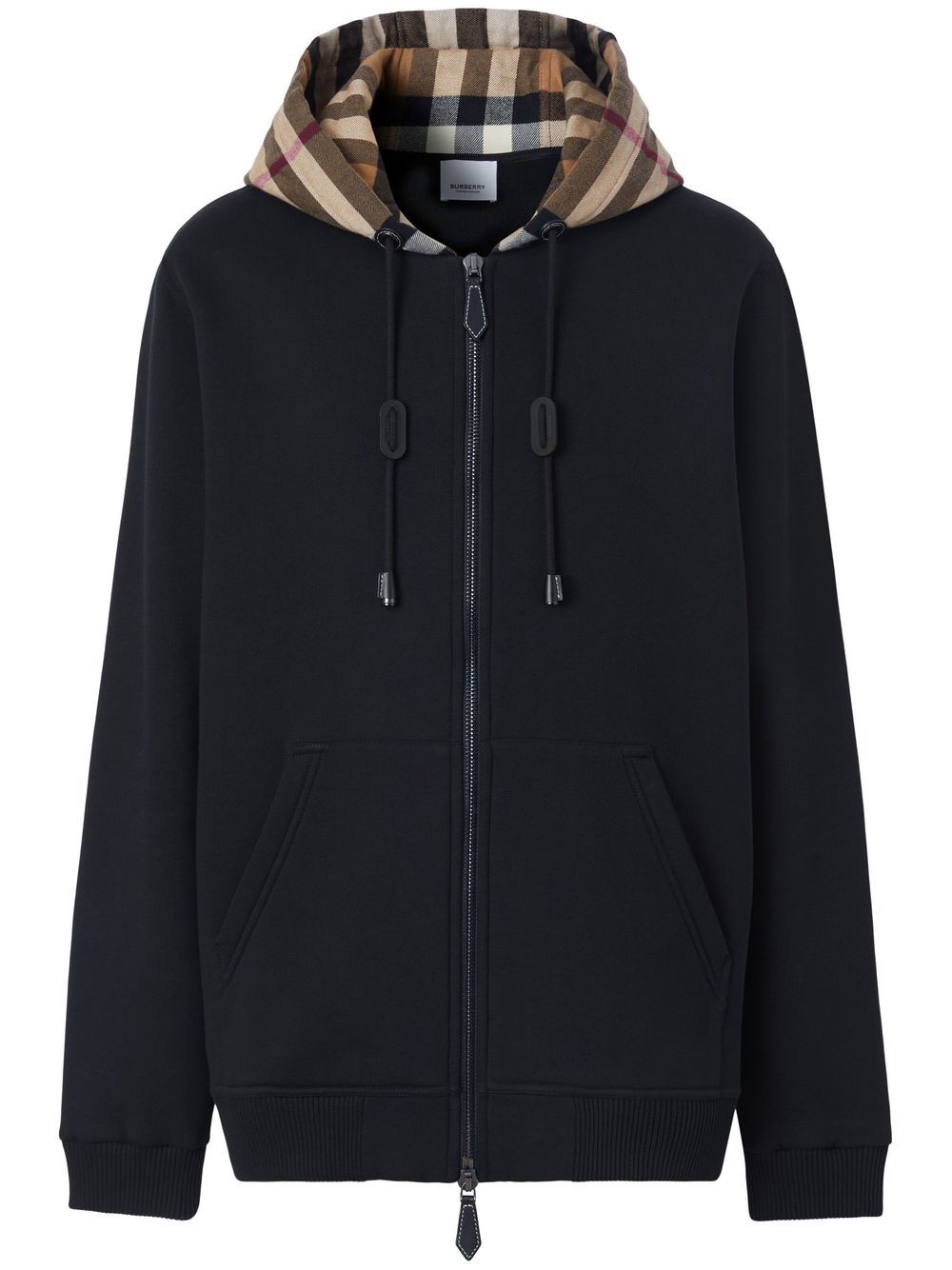 Cotton Check Pattern Drawstring Hooded Sweater with Front Zip