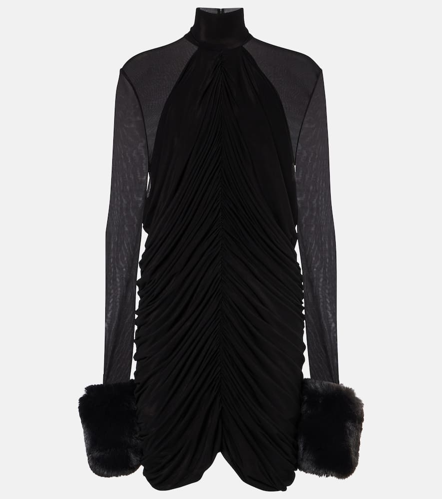 Gathered faux fur-trimmed mesh minidress