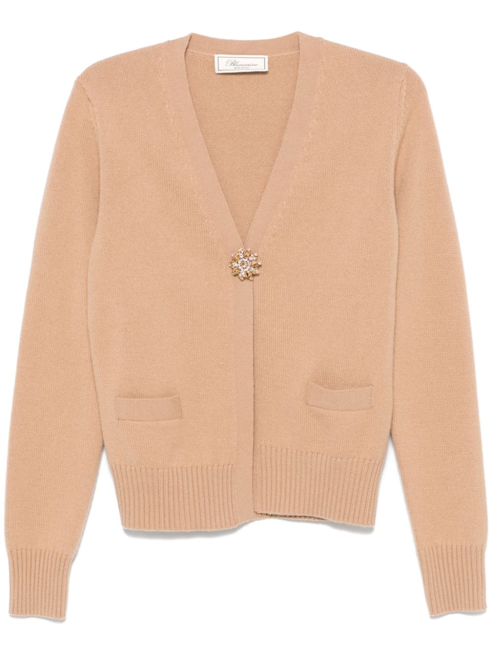 Crystal-embellished brooch cardigan - Blue