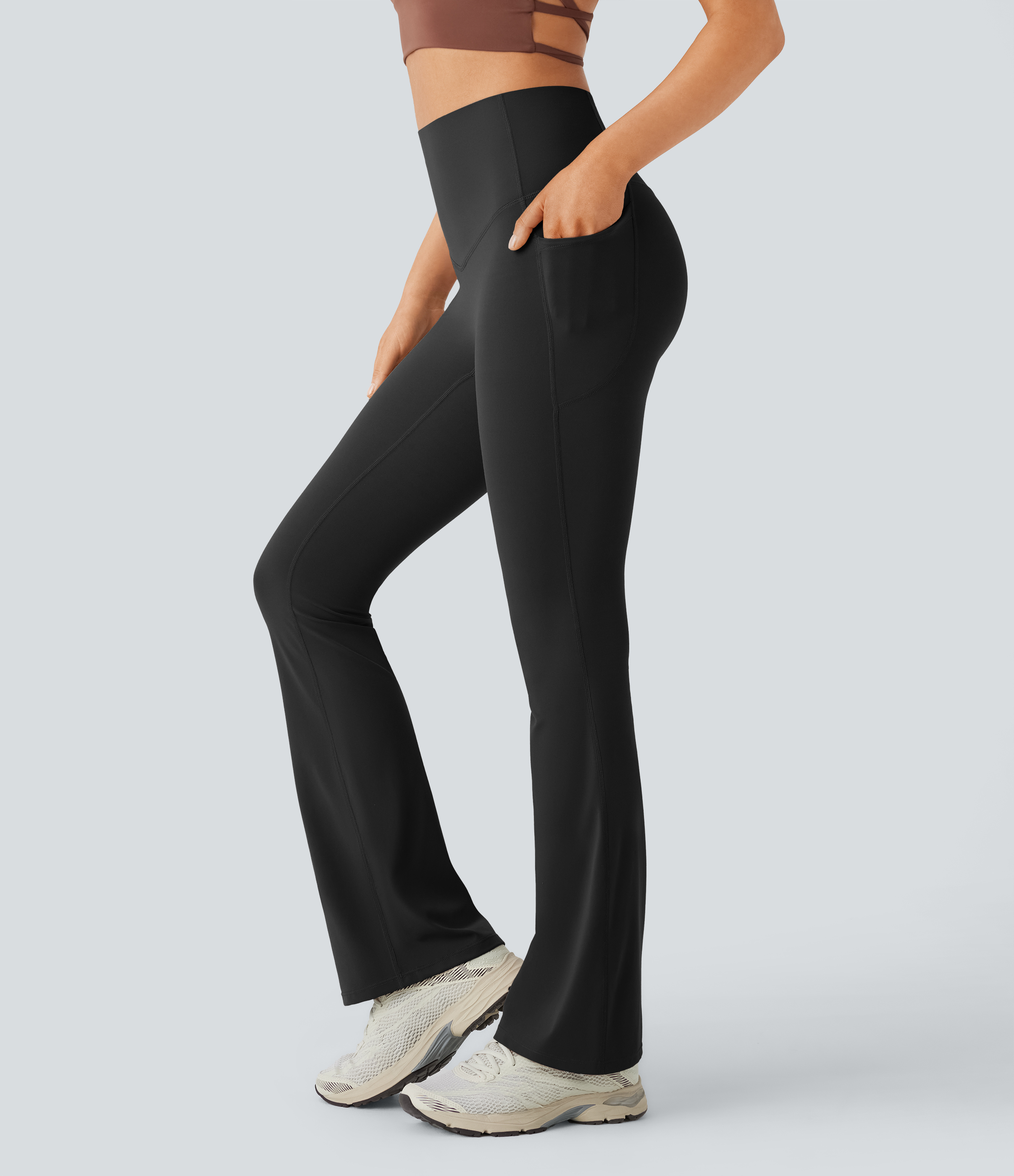 UltraSculpt™ High Waisted Tummy Control Pocket Shaping Yoga Bootcut Leggings  - Black