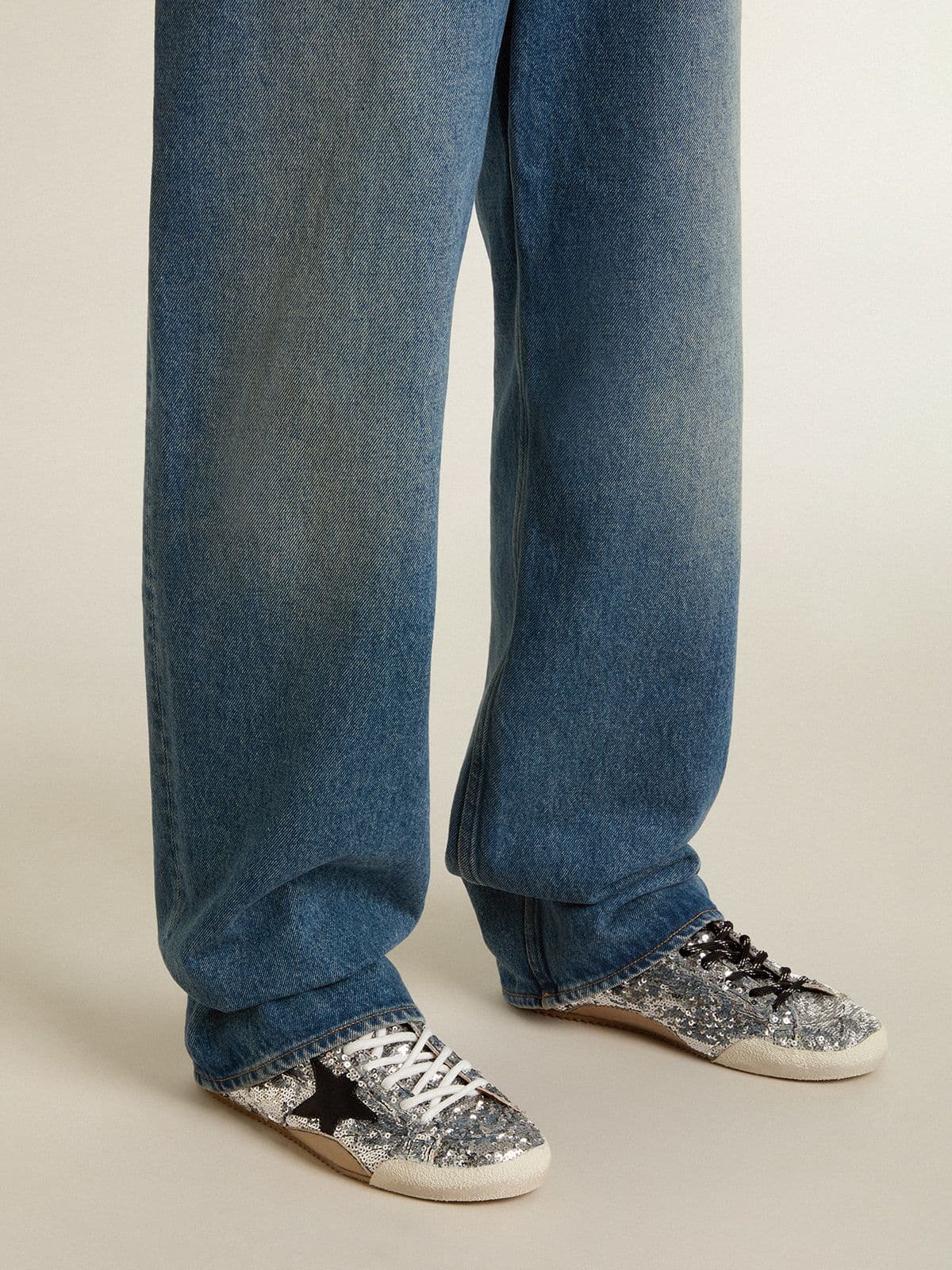 Golden Goose - Women's True-star In Silver Sequins With Black Star And Silver Leather Heel Tab, Woman