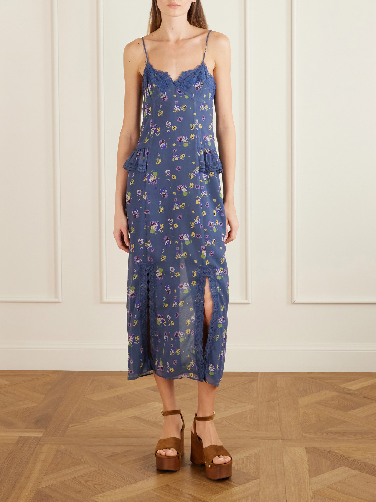 Night Blooming Floral-print Lace-trimmed Chiffon Midi Dress - Blue