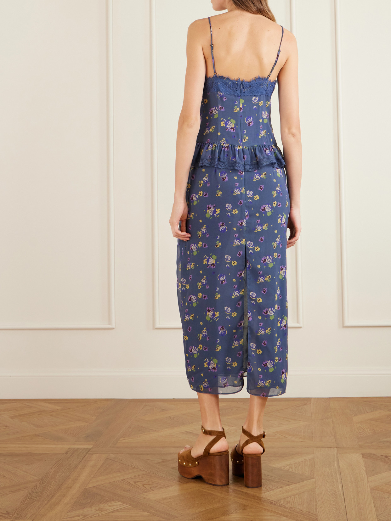 Night Blooming Floral-print Lace-trimmed Chiffon Midi Dress - Blue