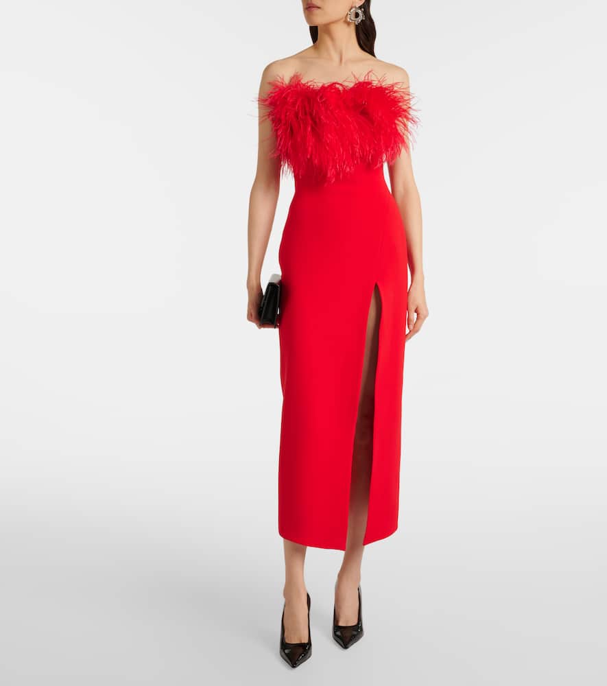 Feather-trimmed midi dress