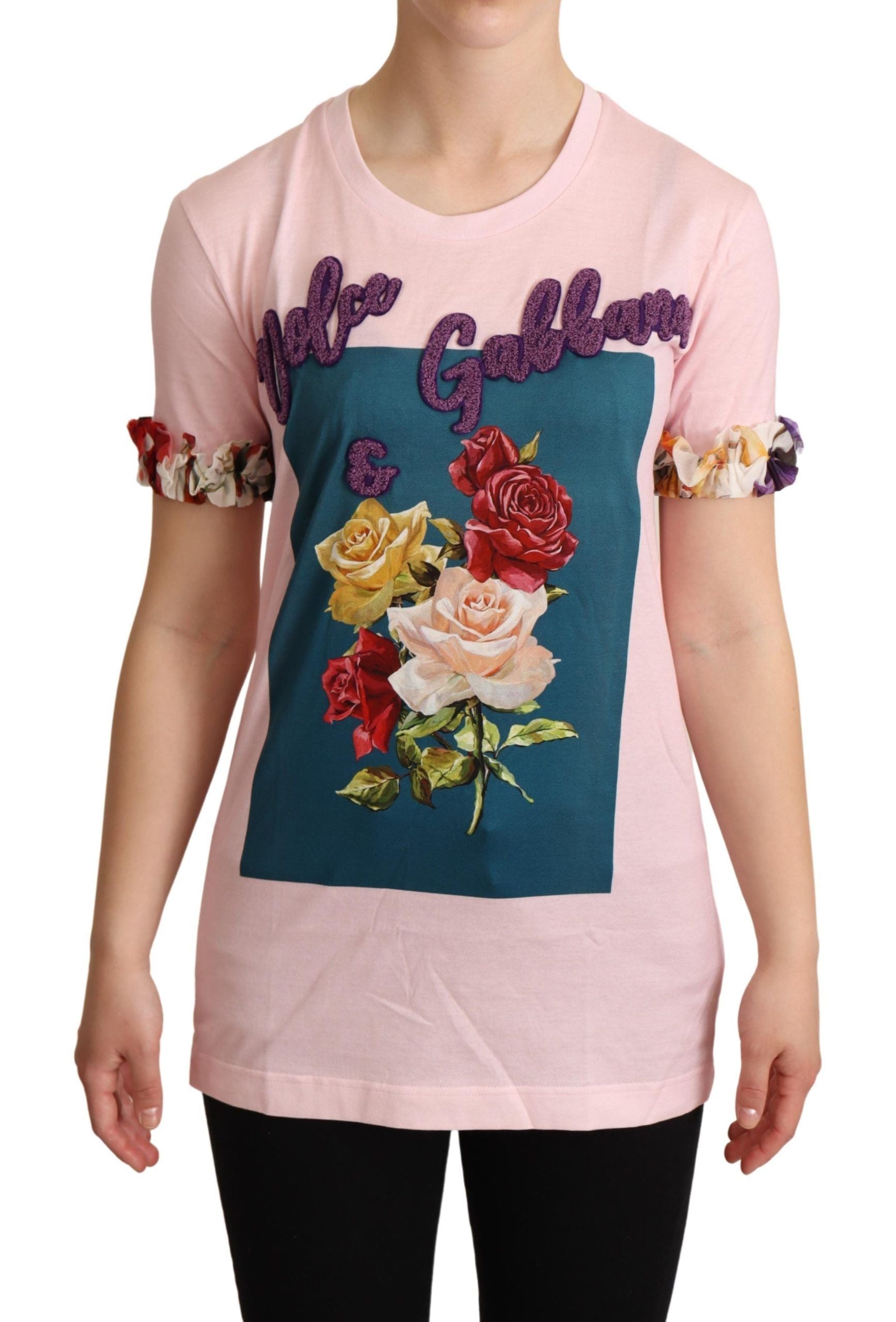 Floral Roses Print with Ruffle Appliqué T-Shirt — Pink