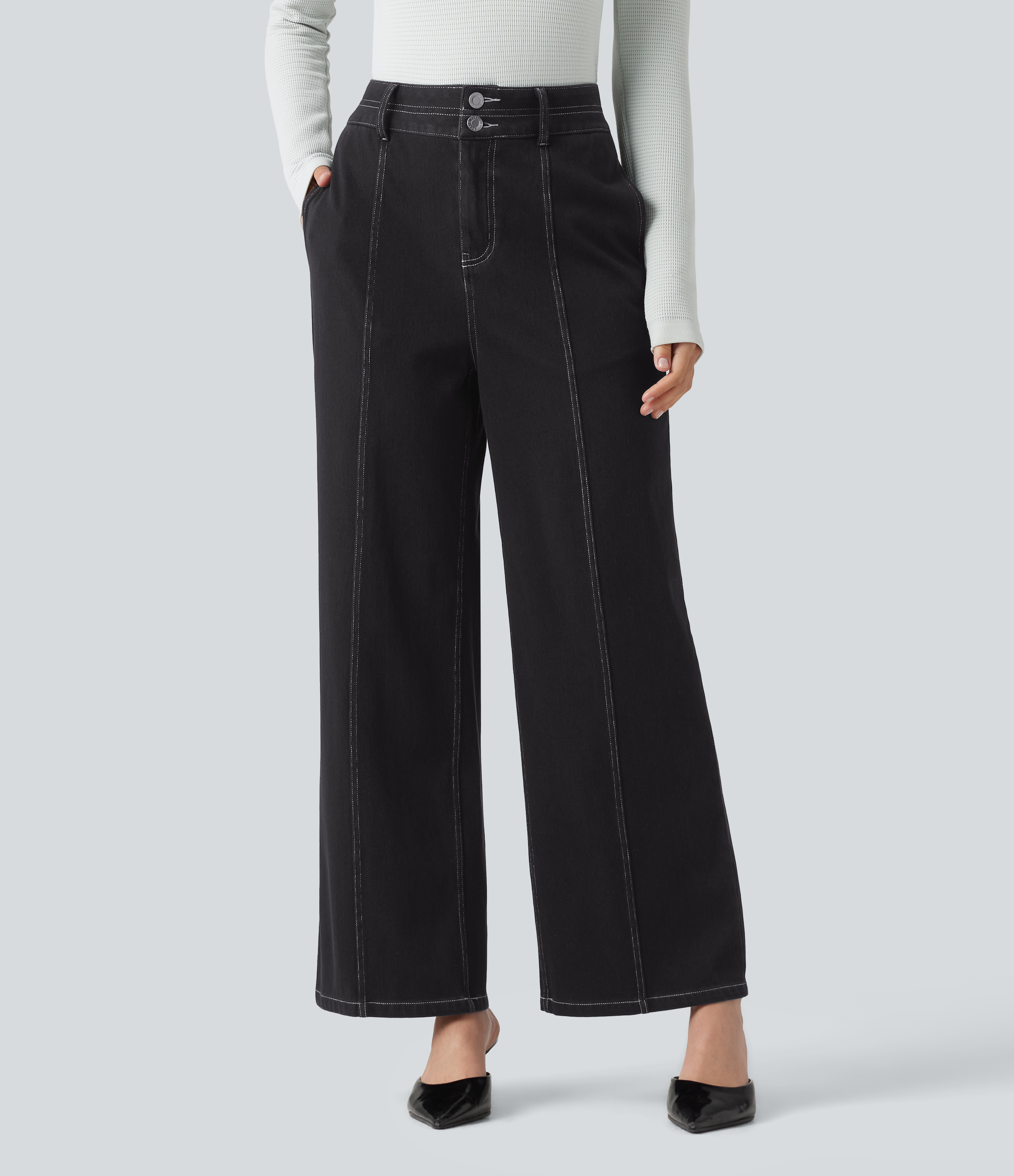 Flex™ High Waisted Wide Leg Casual Jeans with Pockets  - Phantom Denim
