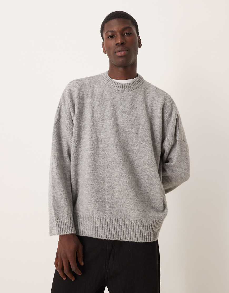 Super oversized boxy fit knitted crew neck jumper in grey marl