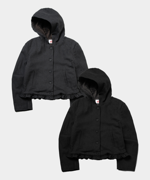 Frill Classic Women's Check Color Block Single Button Hooded Short Coat Jacket _2COLOR