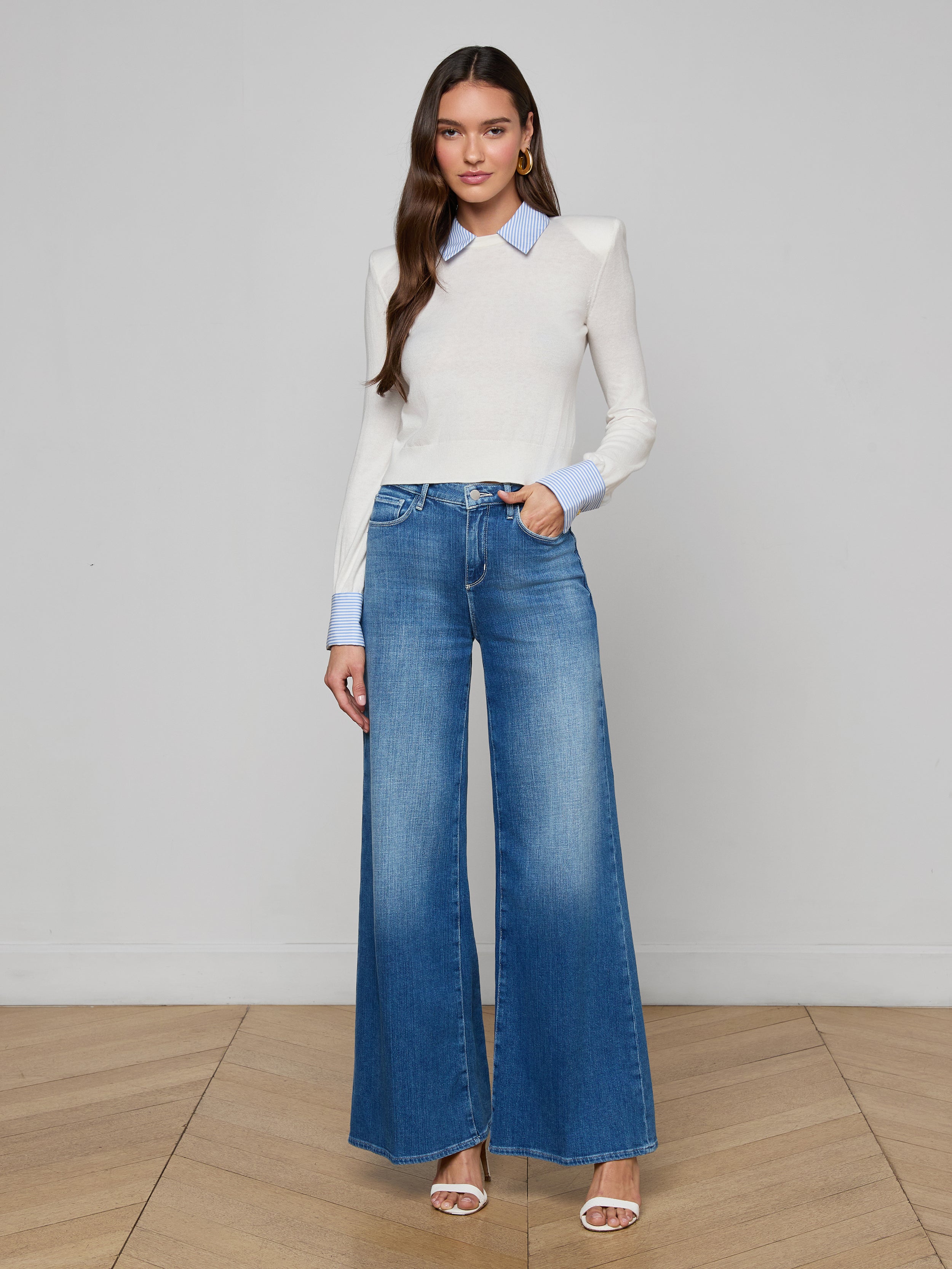 April Poplin Collar Pullover In White/blue Stripe