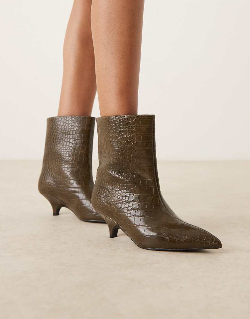 Pointed kitten heel mid ankle boots in olive croc-Green
