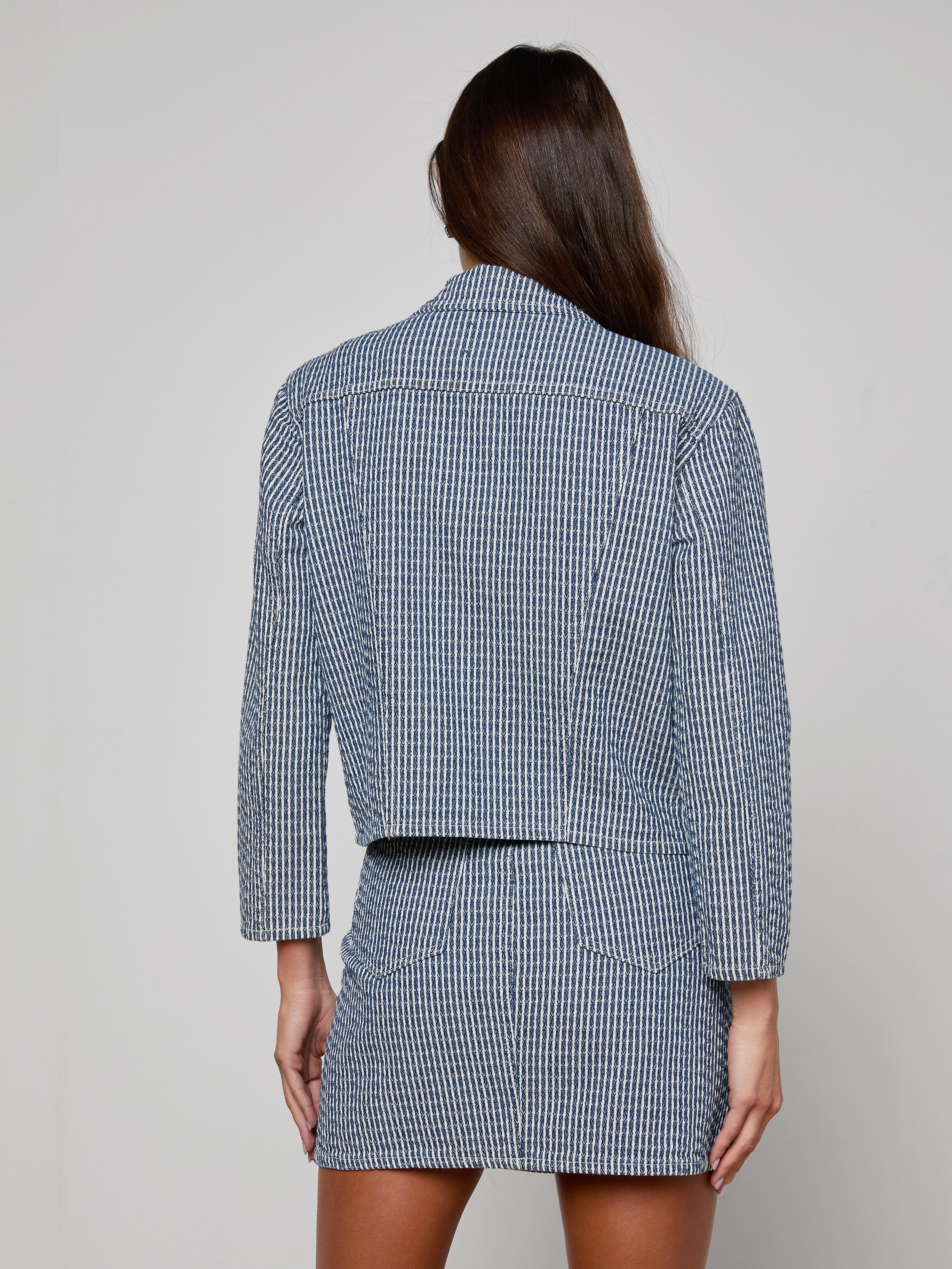 Nelly Cropped Jean Jacket In Vista Blue Stripe