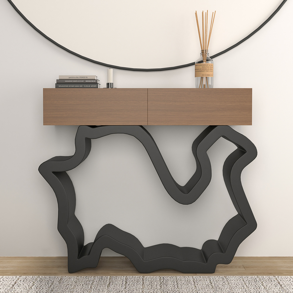 1000mm Modern Walnut & Black Console Table with Drawer