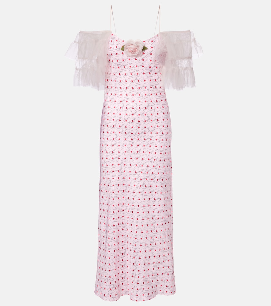 Floral-appliqué printed silk slip dress