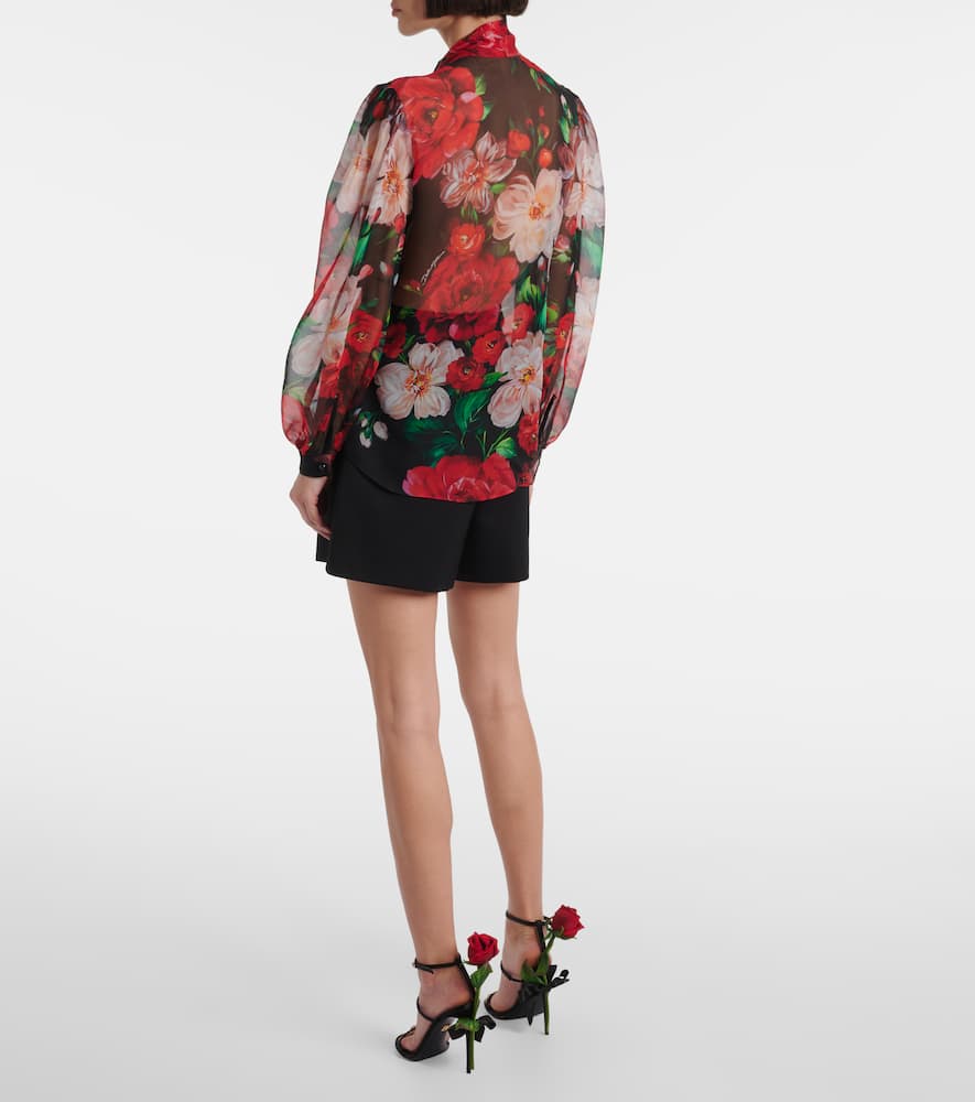 Floral tie-neck silk organza shirt