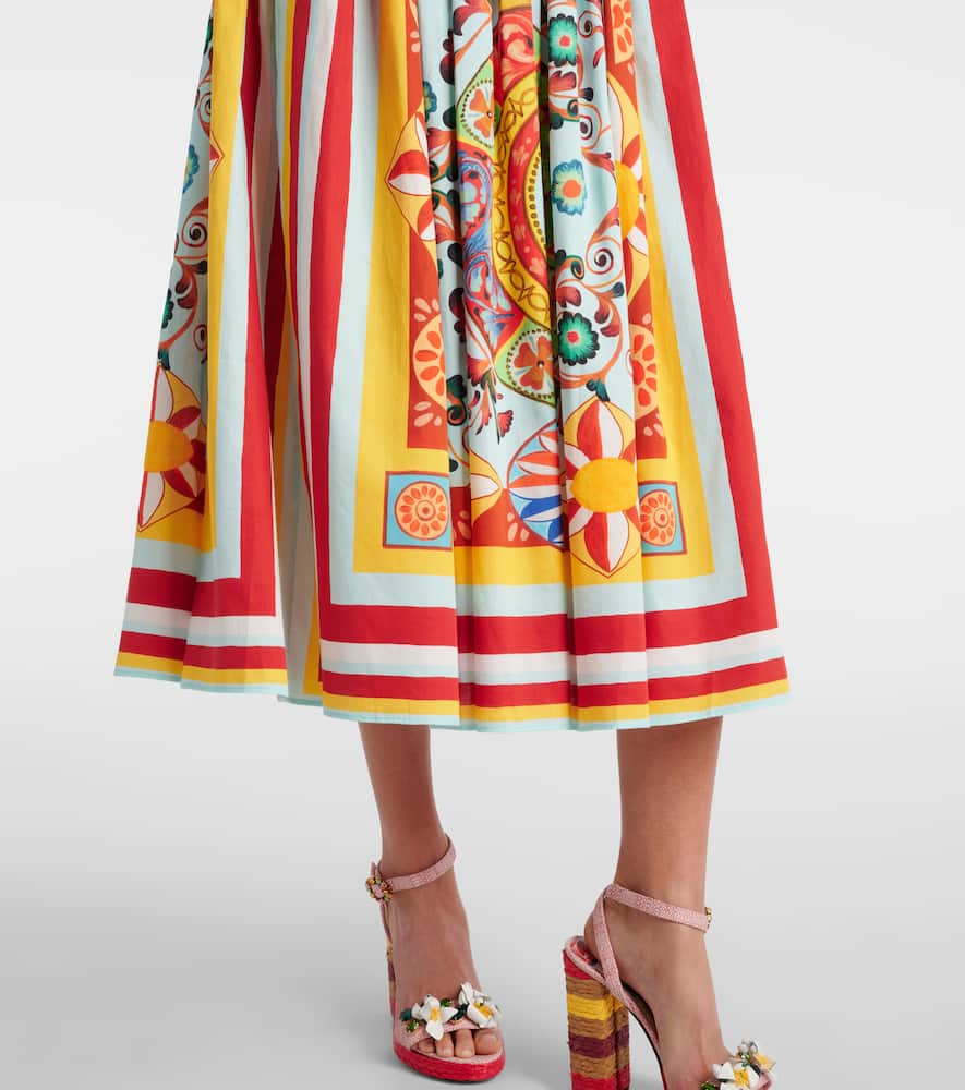 Pleated printed cotton midi skirt
