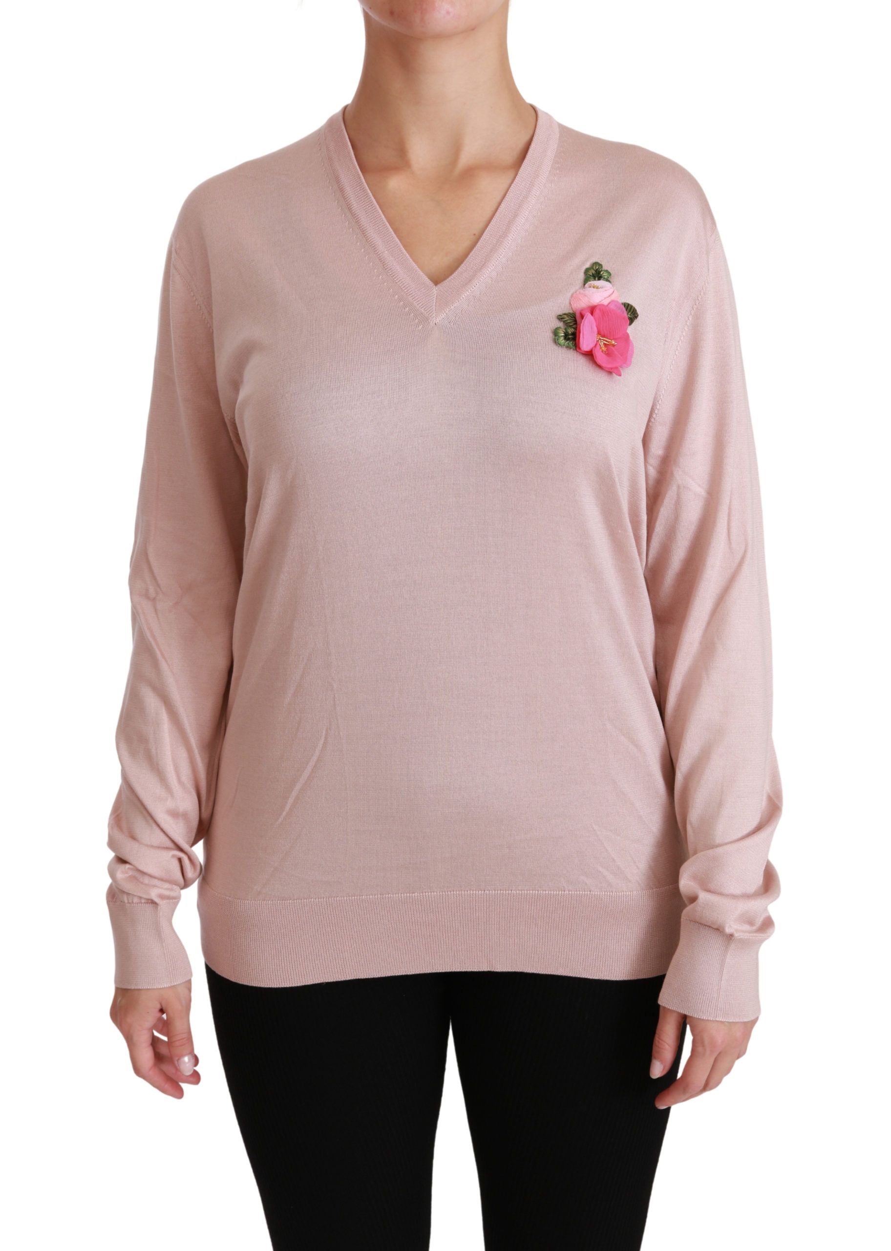 Floral-Embellished Silk Sweater — Pink