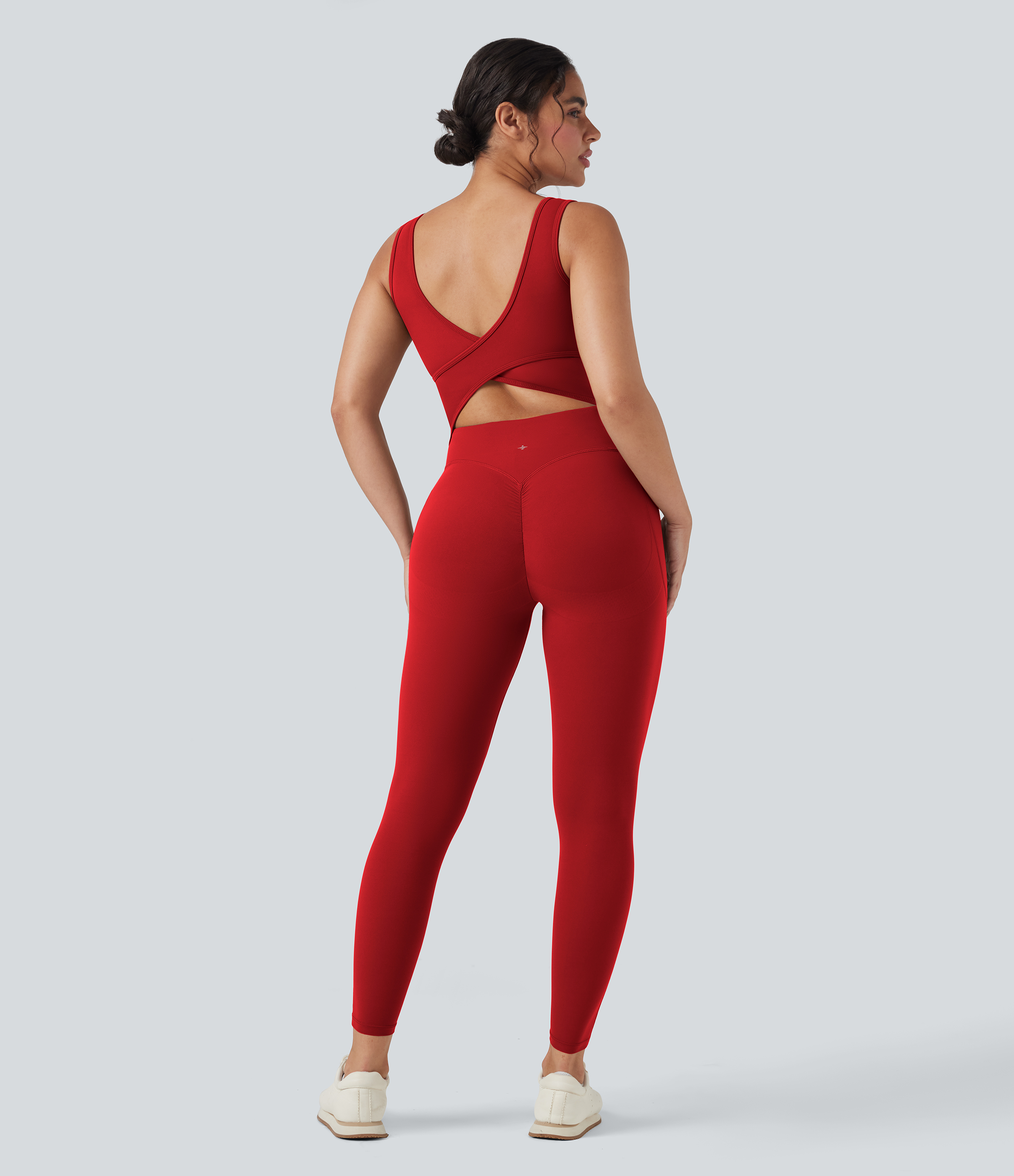 UltraSculpt™ V Neck Tummy Control Butt Lifting Workout Jumpsuit with Pockets Workout Dress - Aura Orange