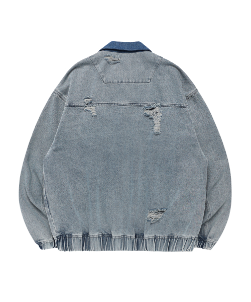 DESTROYED DENIM ZIPUP JACKET LIGHT BLUE