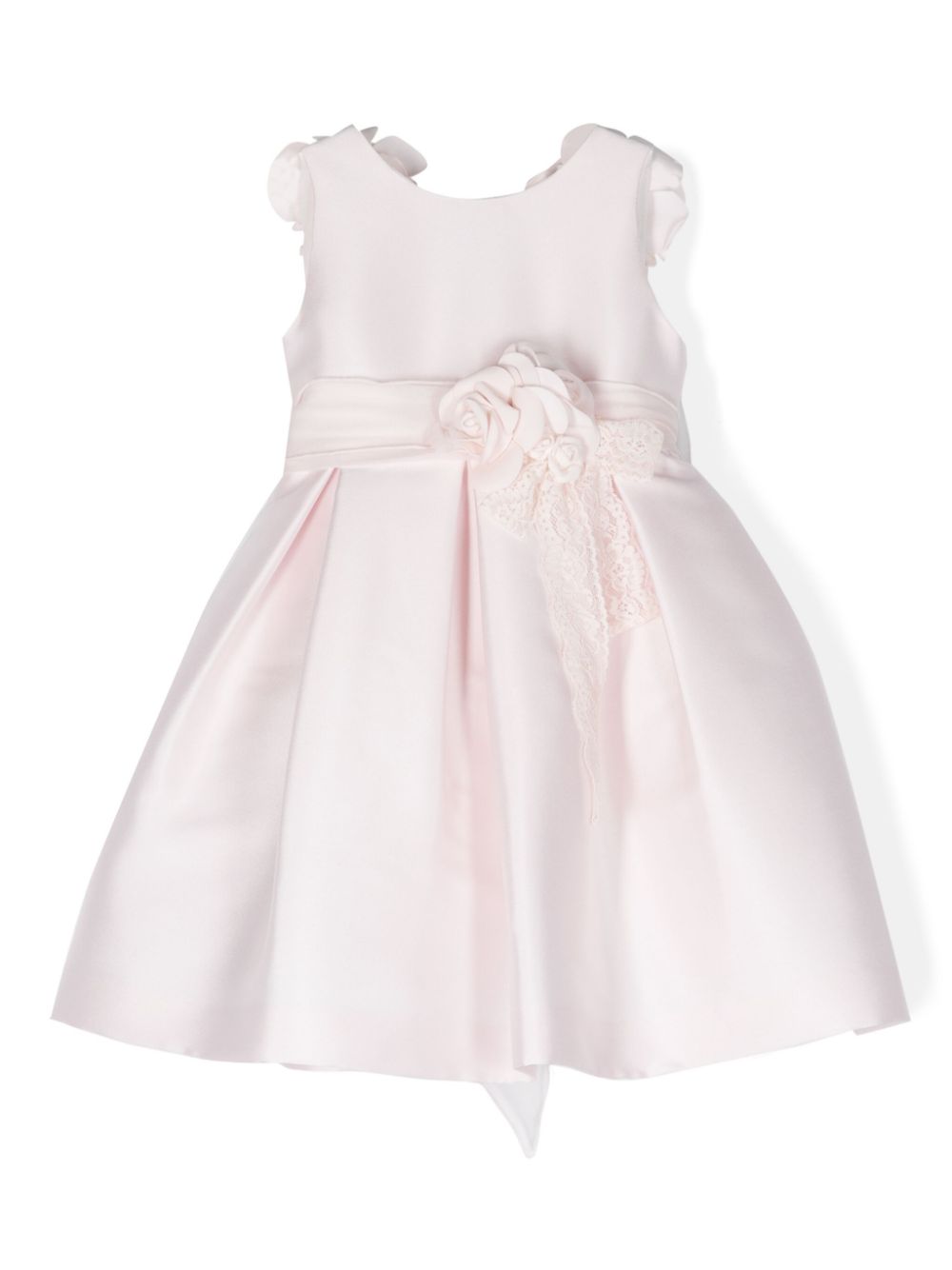 Rose-appliqué pleated tiered dress - Pink