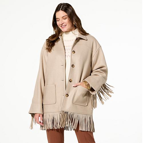 Brushed Faux Melton Jacket with Fringe - Tan
