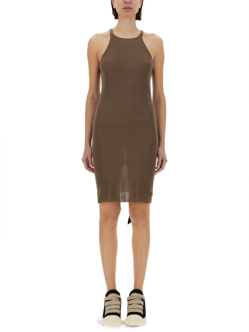 Beige Round Neck Knee Length Dress